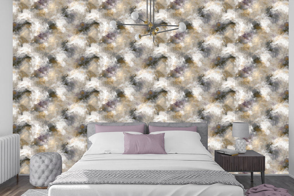 Romantic Venetian plaster effect wallpaper creating a deeply textured accent wall in a moody bedroom