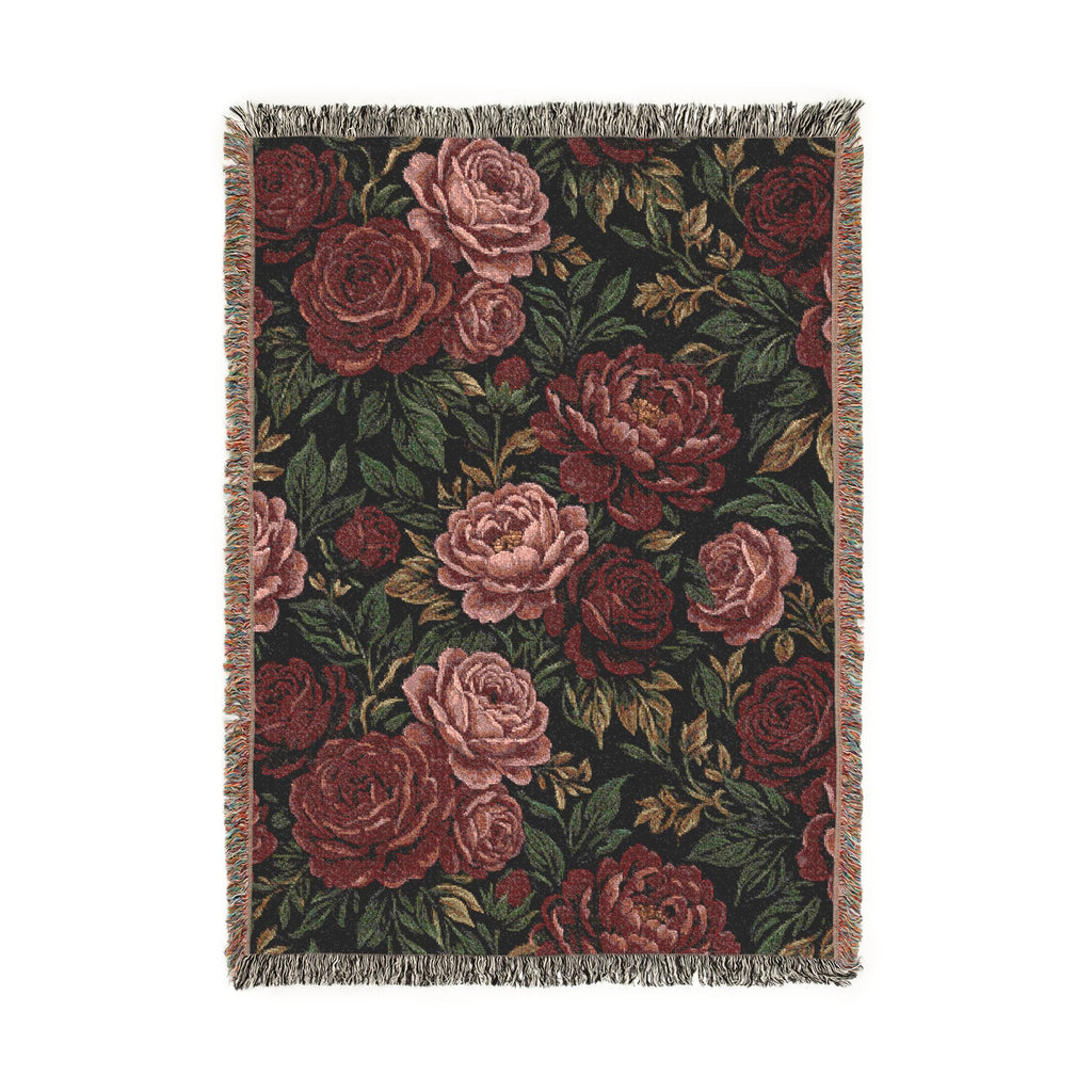 Vintage Moody Floral Woven Throw Blanket Dark Botanical Rose Tapestry