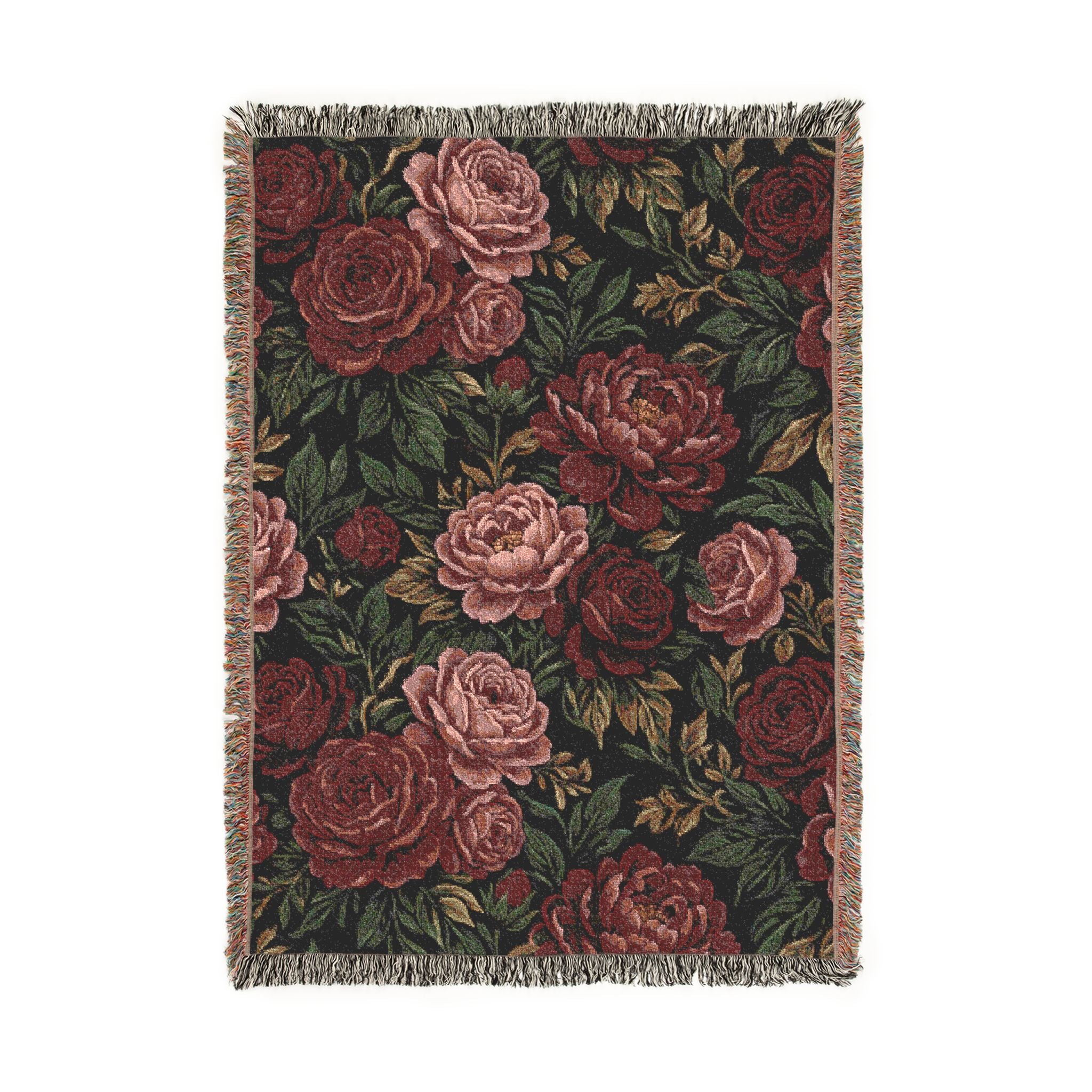 Vintage Moody Floral Woven Throw Blanket Dark Botanical Rose Tapestry