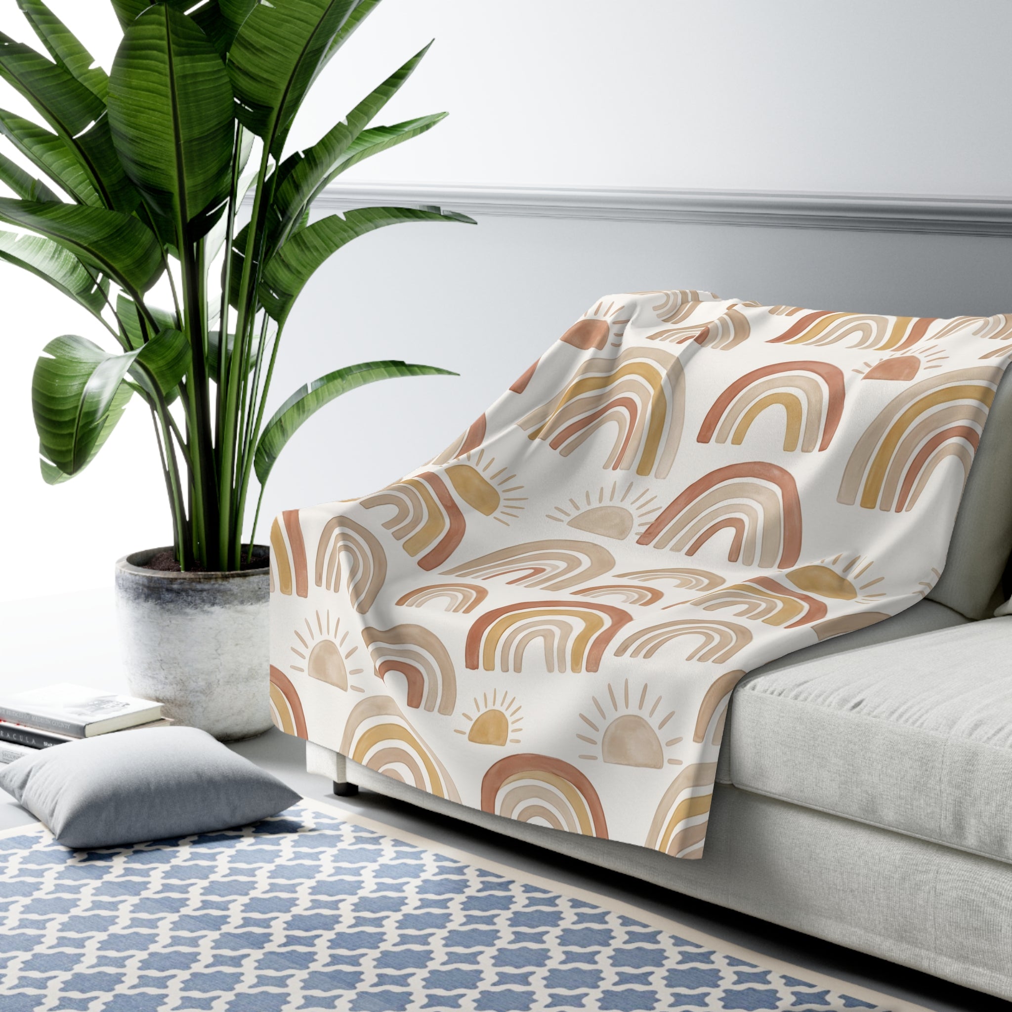 Boho Watercolor Rainbow & Sun Sherpa Fleece Blanket Neutral Nursery Throw
