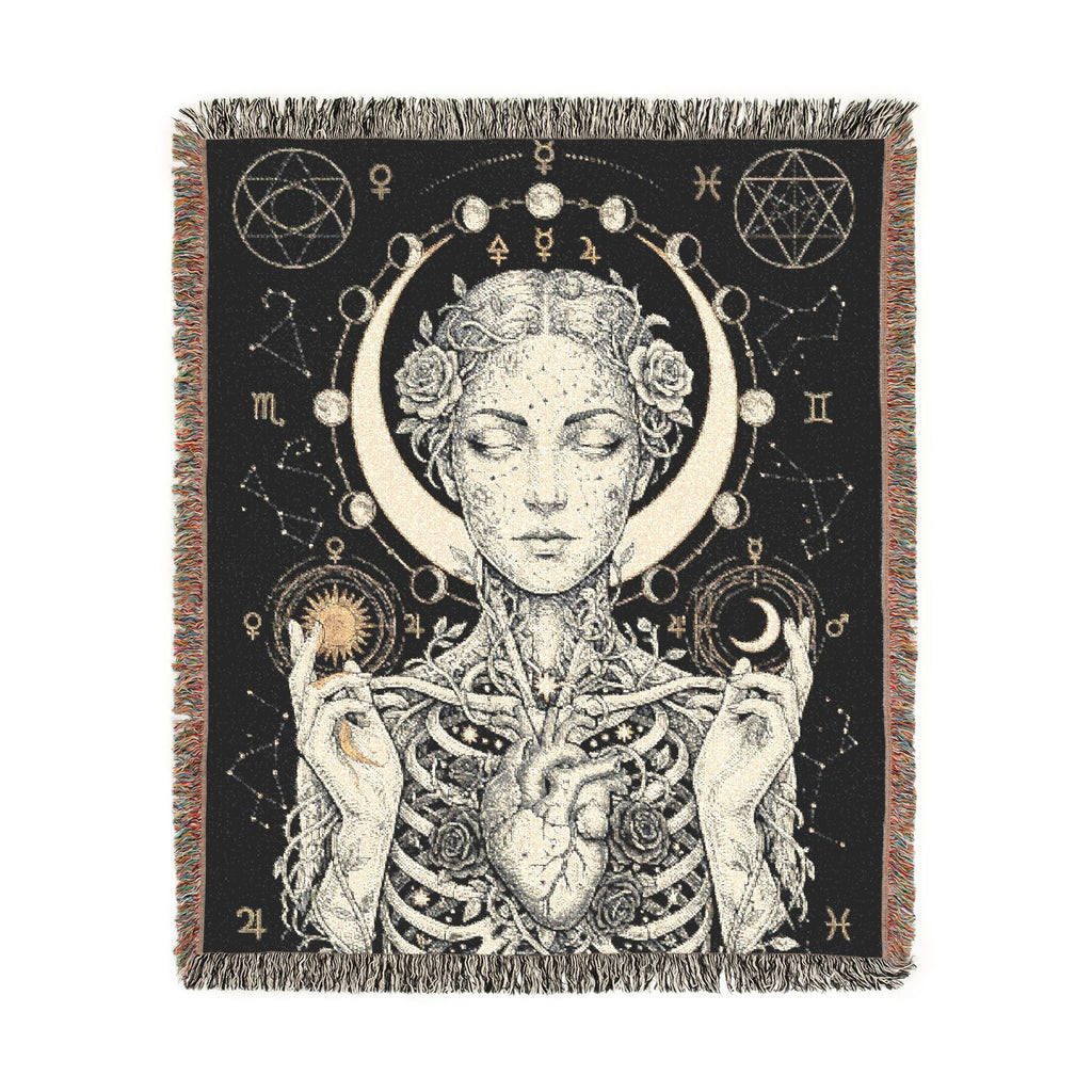Mystical Celestial Goddess Woven Throw Blanket Dark Macabre Botanical Tapestry