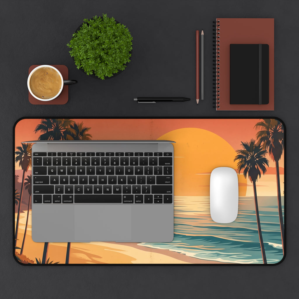 Retro California Beach Sunset Desk Mat Vintage Palm Tree Coastal Art