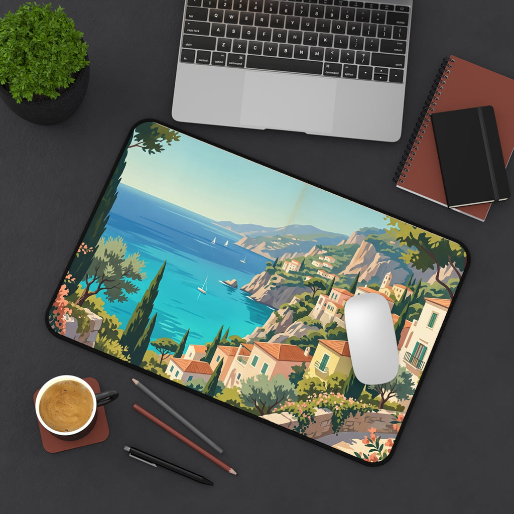 Mediterranean Coastal Village Desk Mat Vintage Italian Riviera Art Workspace Pad