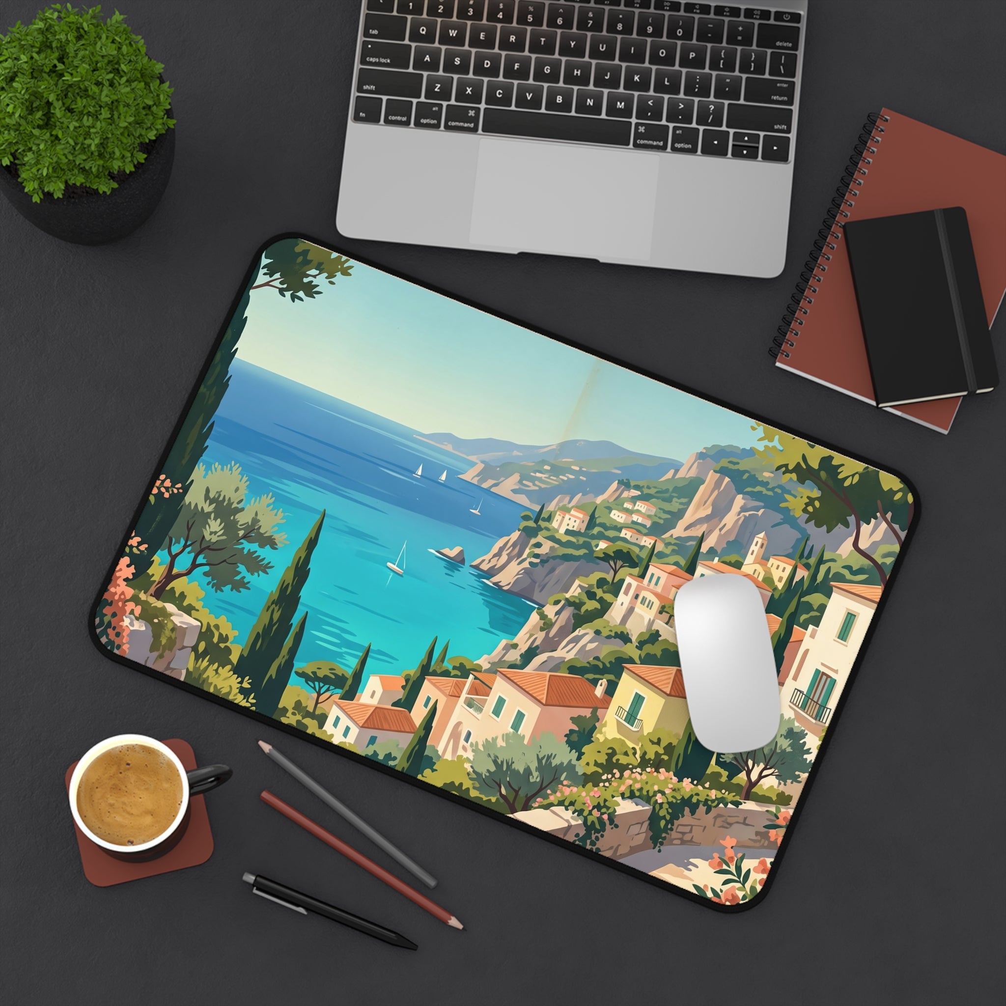 Mediterranean Coastal Village Desk Mat Vintage Italian Riviera Art Workspace Pad