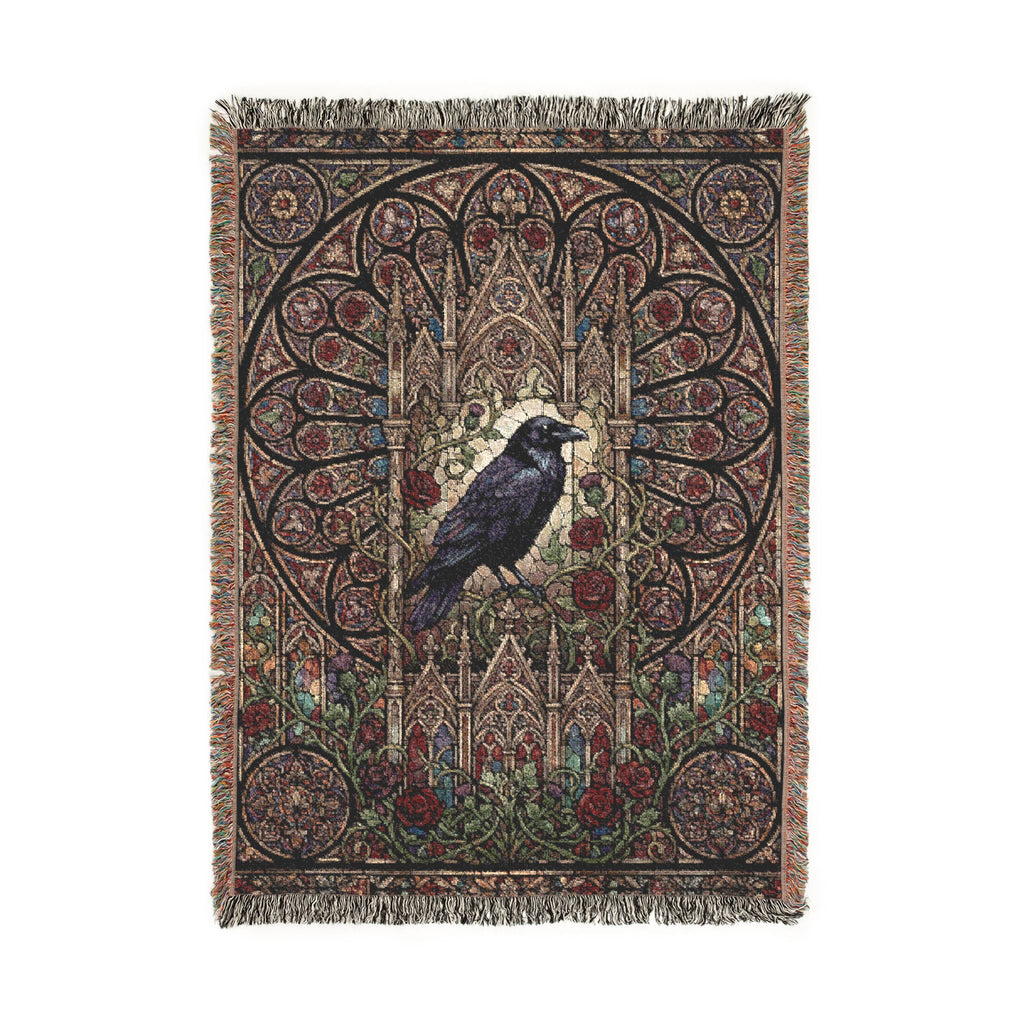 Gothic Raven Stained Glass Woven Throw Blanket  Dark Academia Tapestry