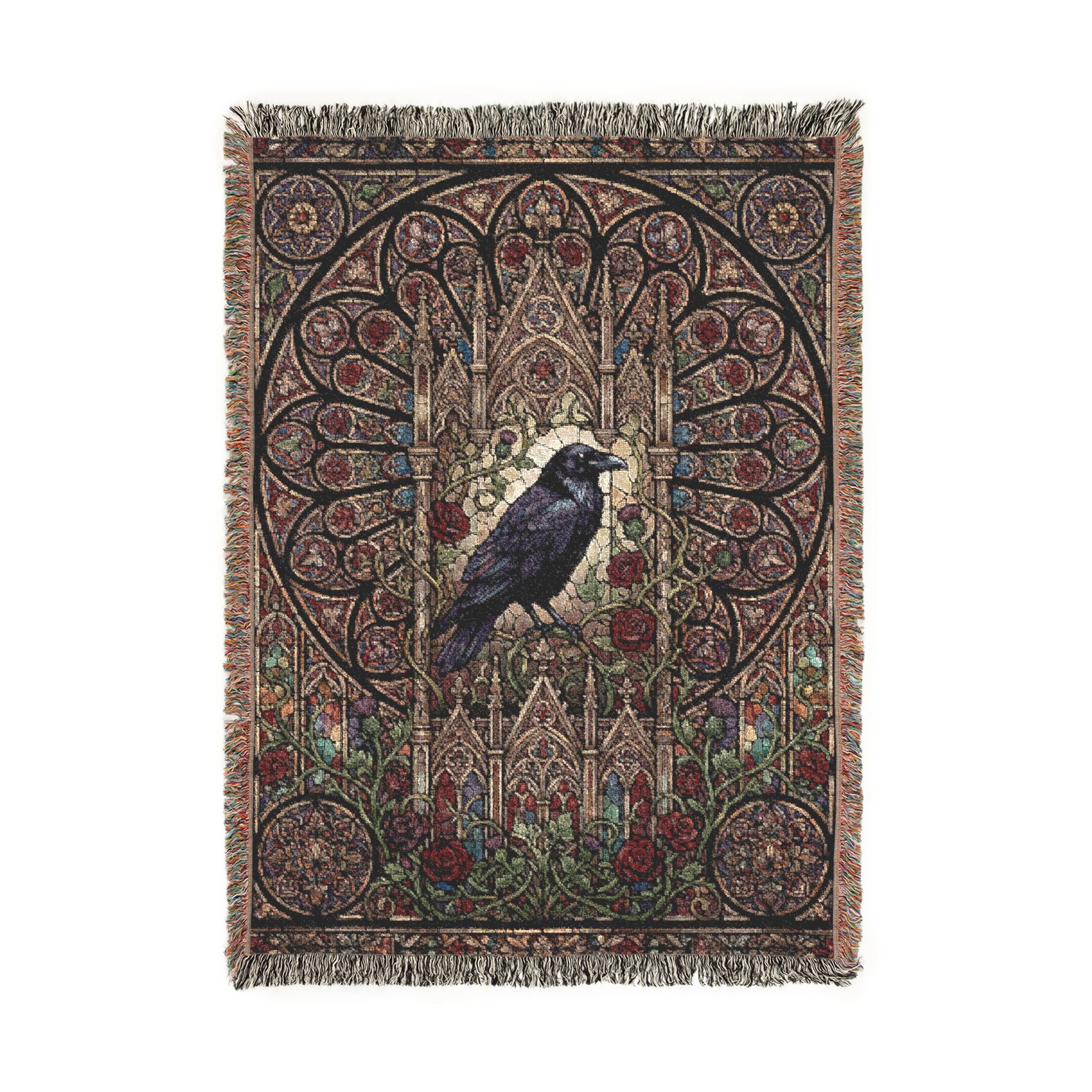 Gothic Raven Stained Glass Woven Throw Blanket  Dark Academia Tapestry