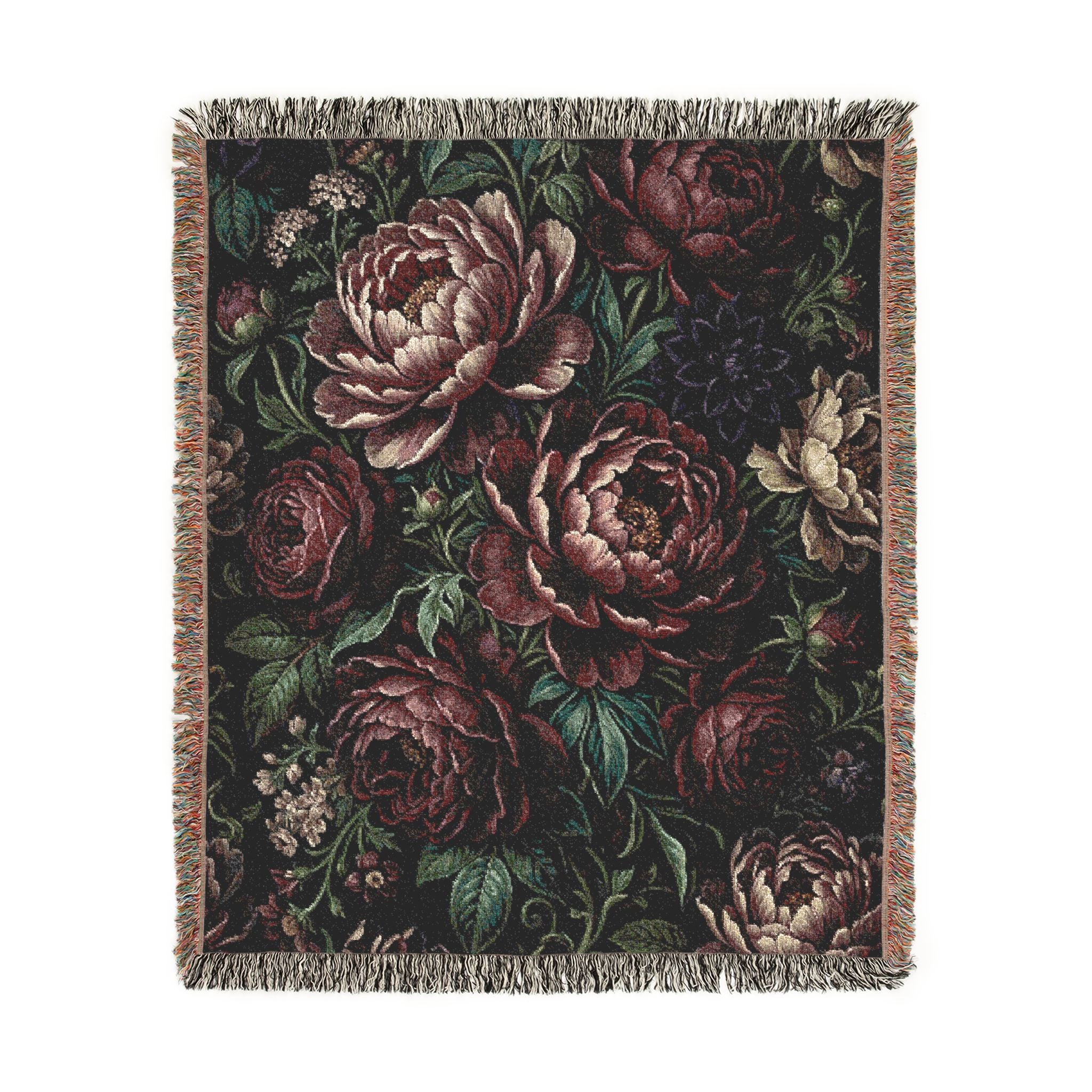 Dark Floral Peony Woven Throw Blanket Moody Botanical Tapestry