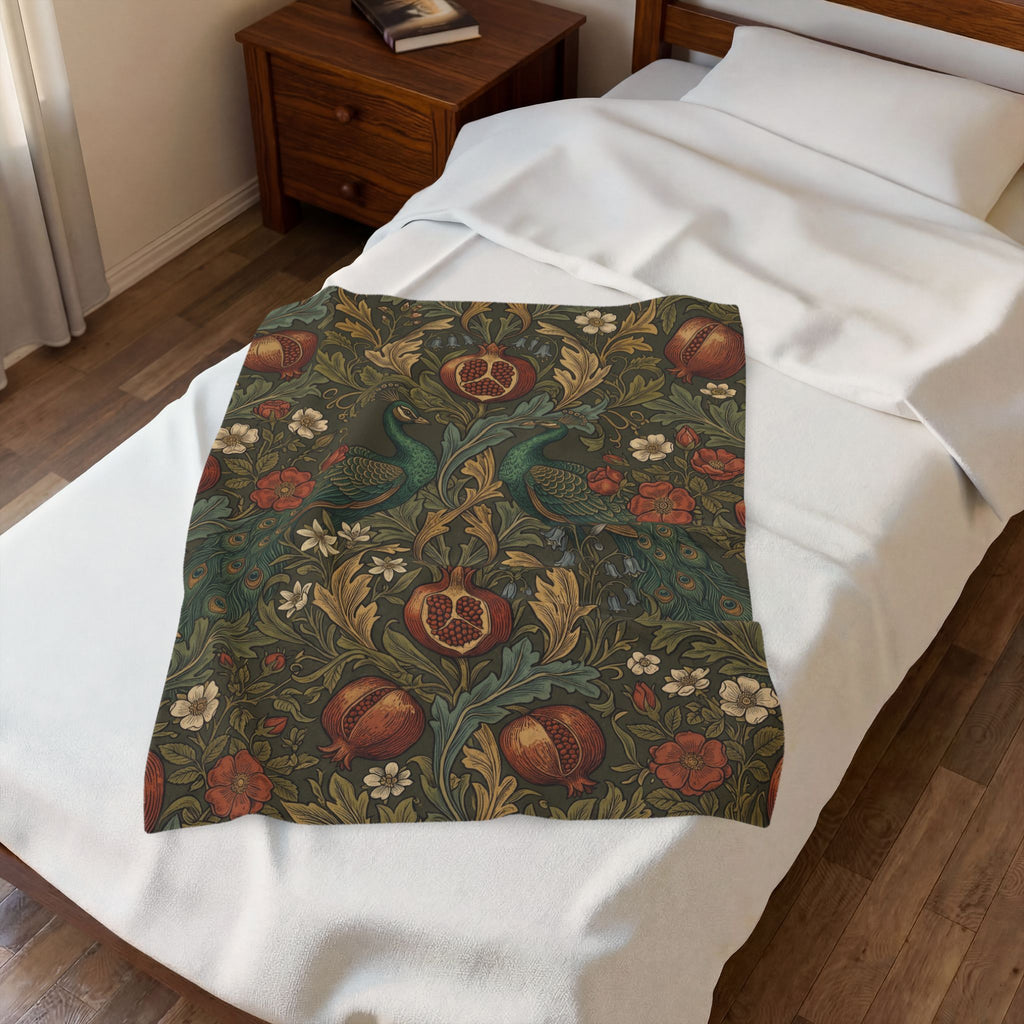 Vintage William Morris Peacock Plush Throw Blanket Botanical Pomegranate Velvety Throw
