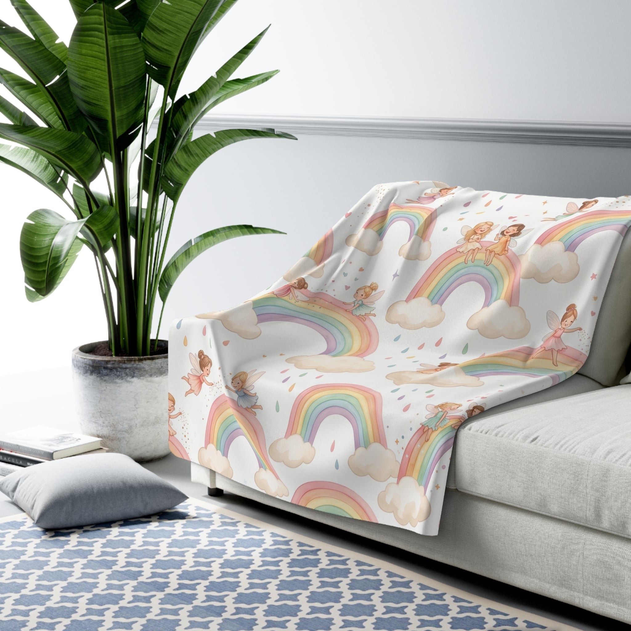 Pastel Fairy & Rainbow Sherpa Fleece Blanket Magical Nursery Throw