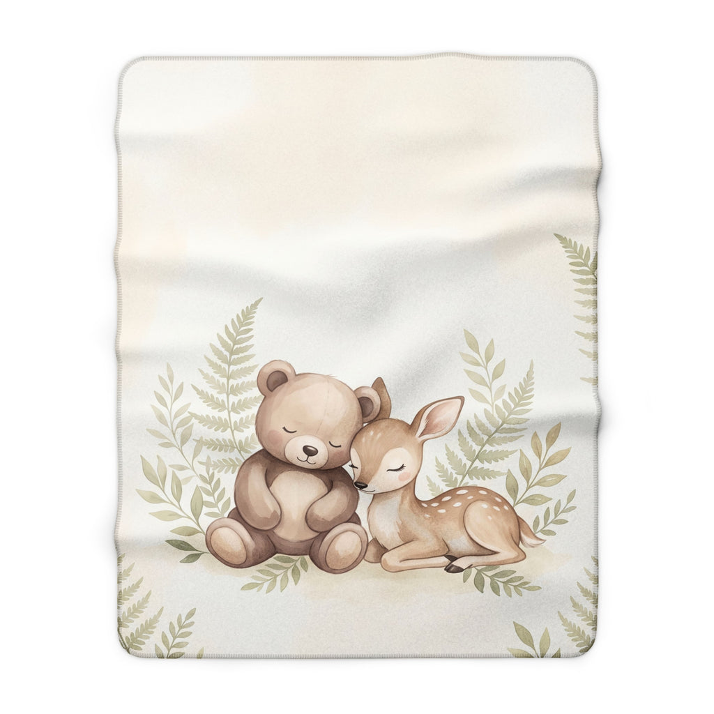 Watercolor Woodland Bear & Fawn Sherpa Fleece Blanket Neutral Nursery Throw