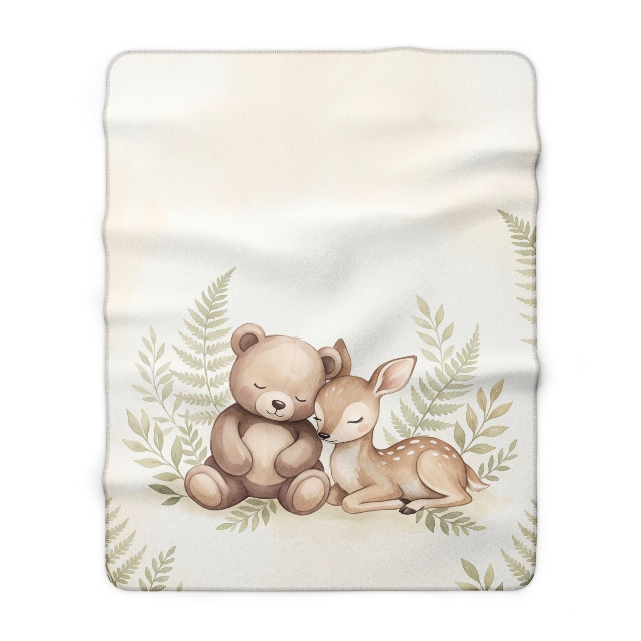 Watercolor Woodland Bear & Fawn Sherpa Fleece Blanket Neutral Nursery Throw