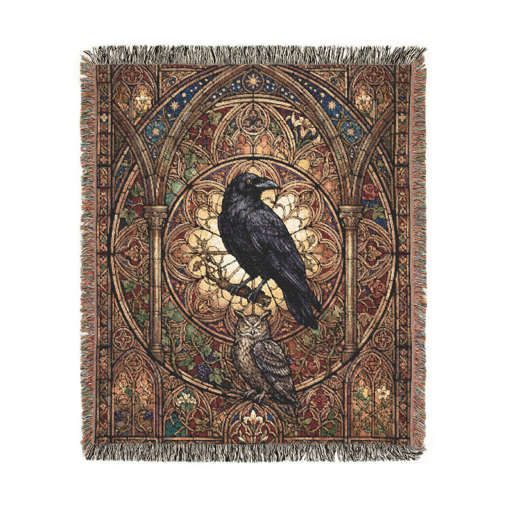 Gothic Raven & Owl Stained Glass Woven Throw Blanket Mystical Cathedral Tapestry