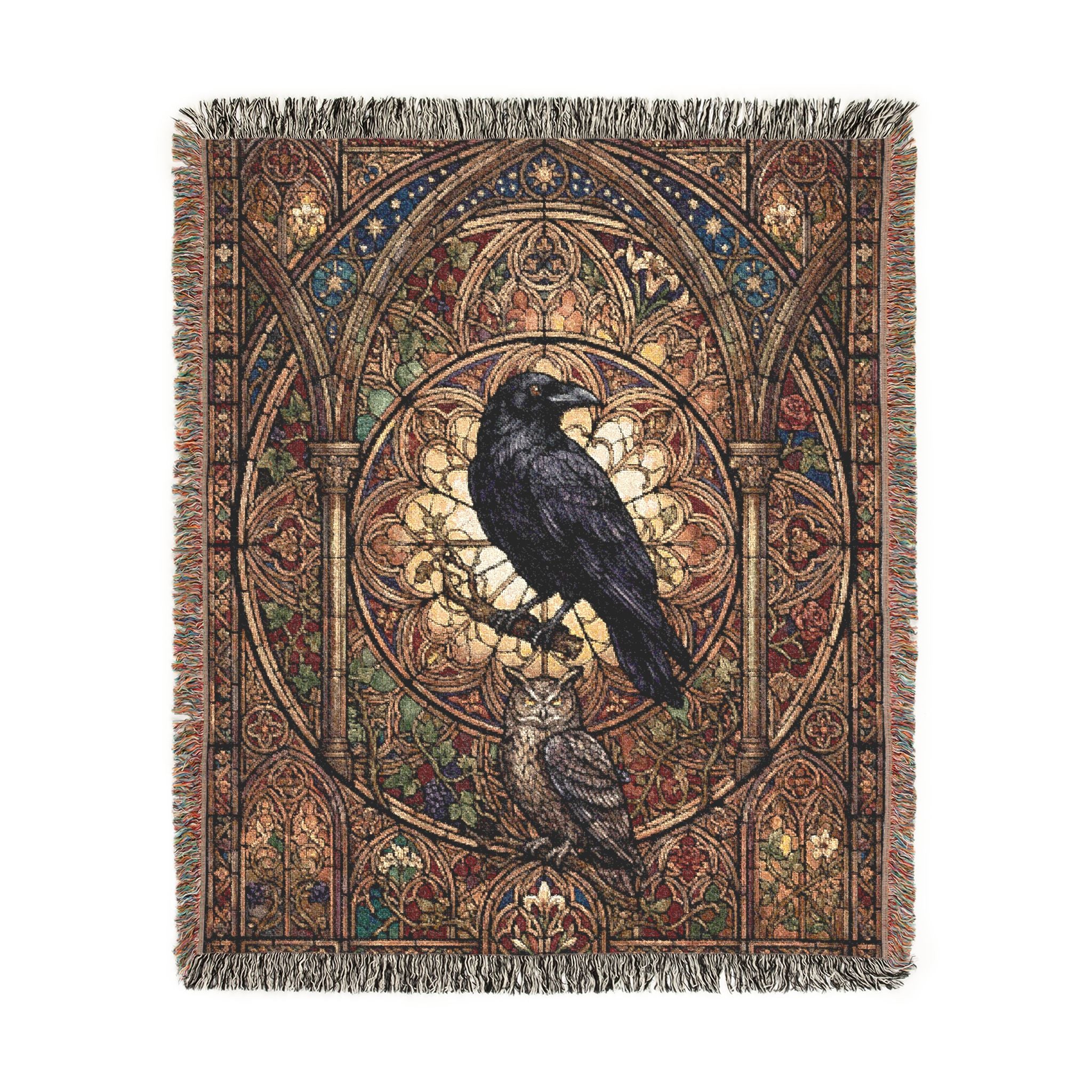 Gothic Raven & Owl Stained Glass Woven Throw Blanket Mystical Cathedral Tapestry