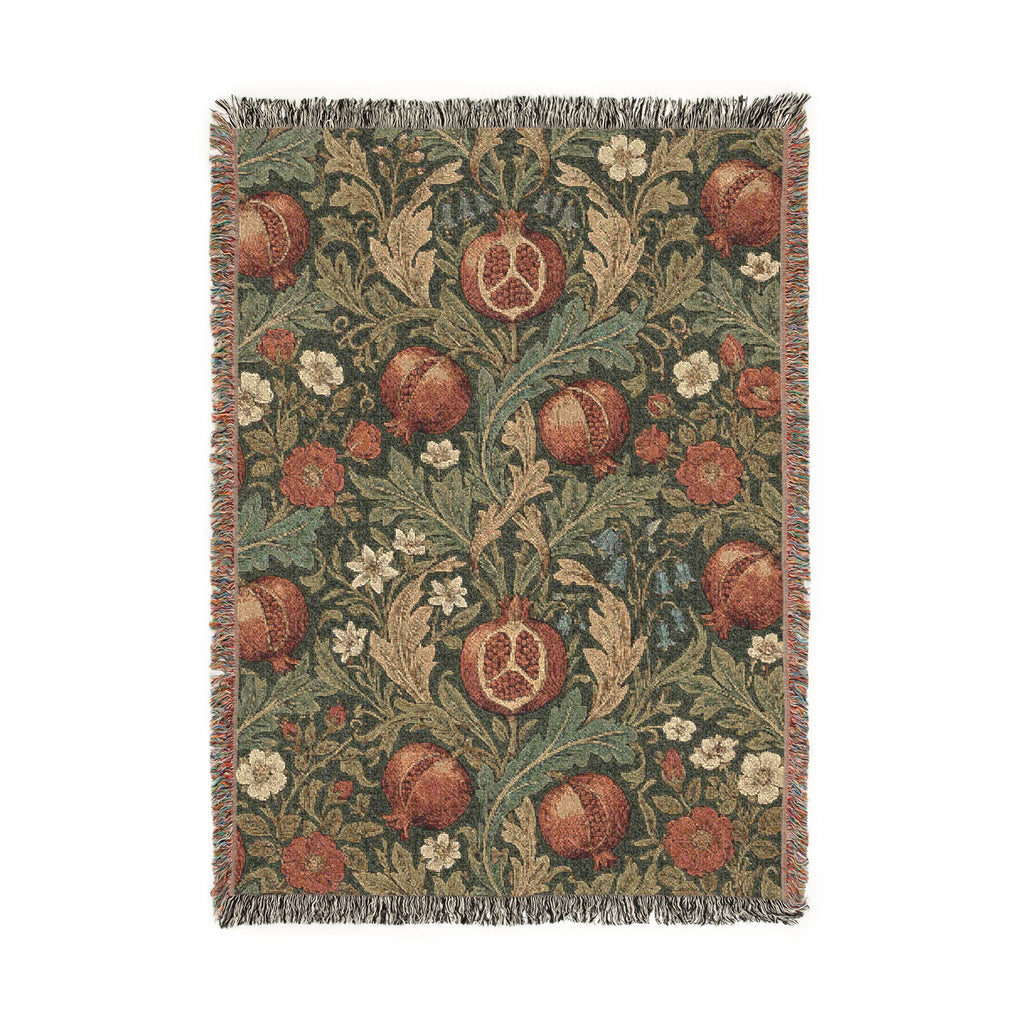 Vintage William Morris Pomegranate Woven Throw Blanket Olive Botanical Tapestry