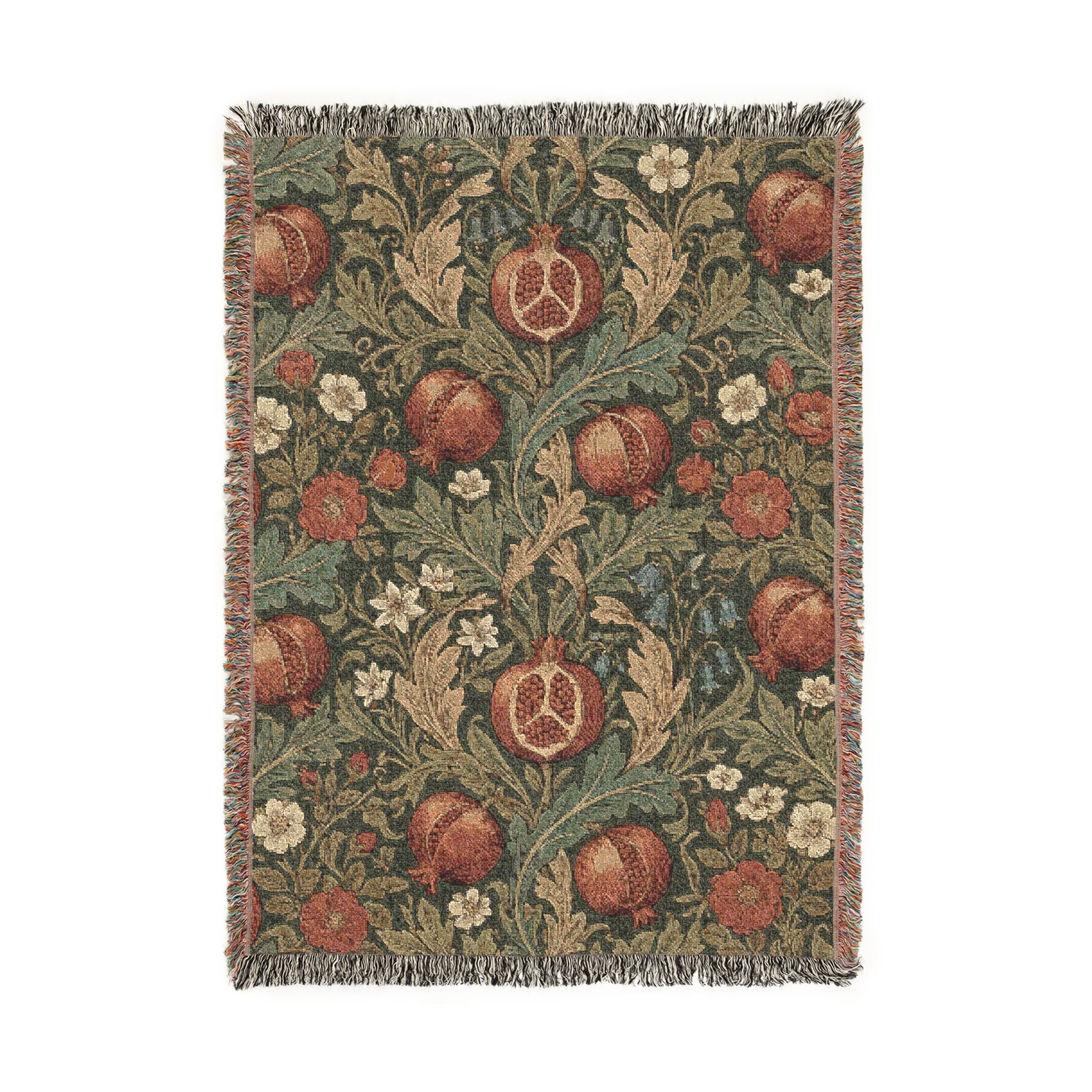 Vintage William Morris Pomegranate Woven Throw Blanket Olive Botanical Tapestry