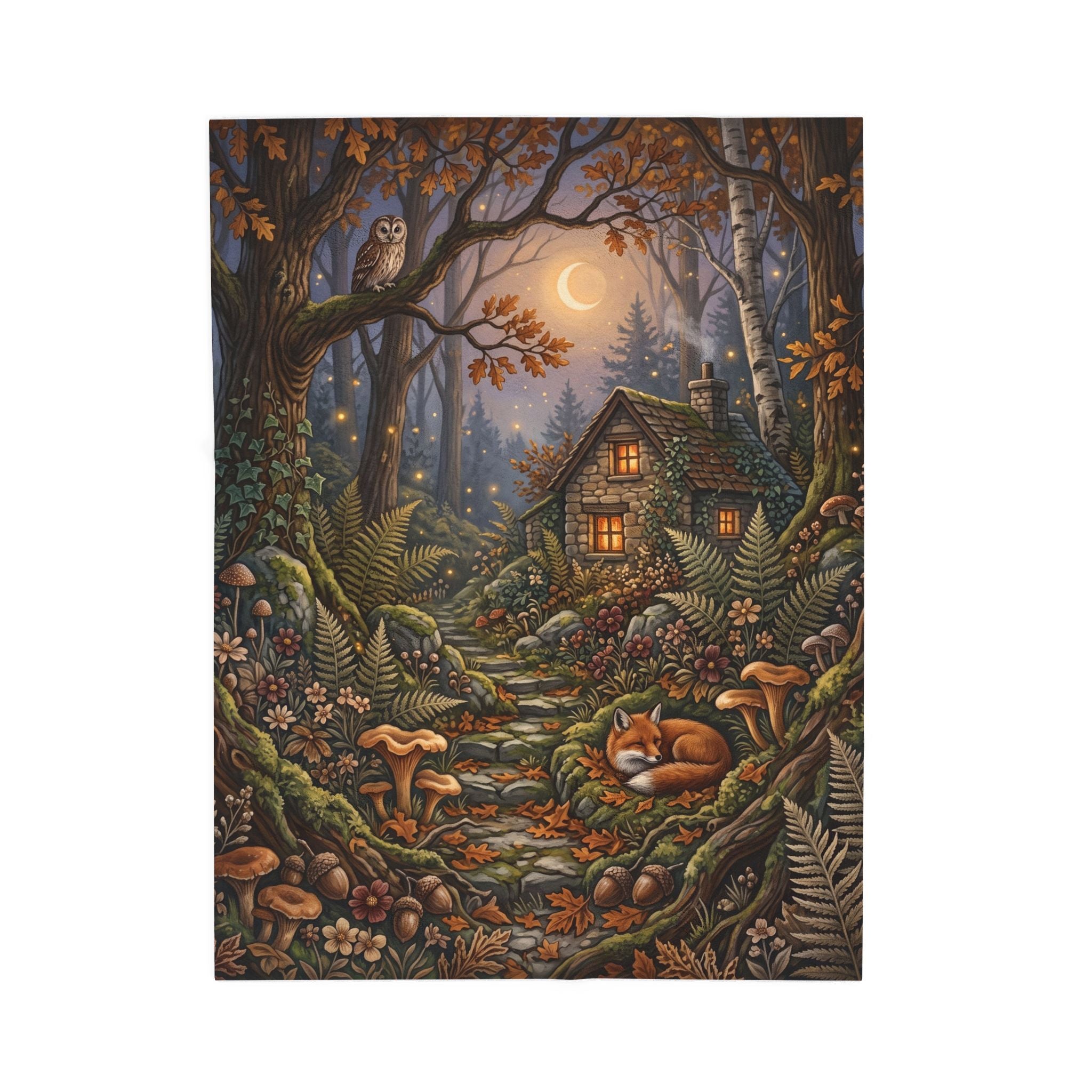 Cozy Autumn Woodland Cottage Plush Throw Blanket Fairycore Fox Velvety Blanket
