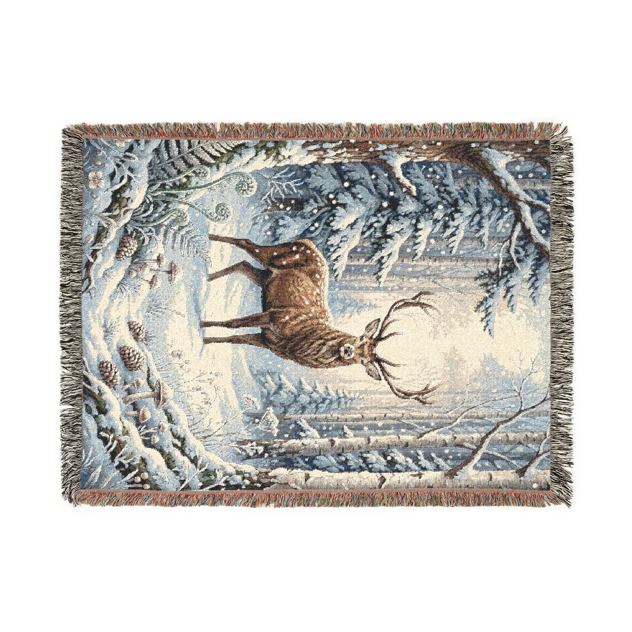 Winter Woodland Stag Woven Throw Blanket Rustic Snow Scene Tapestry
