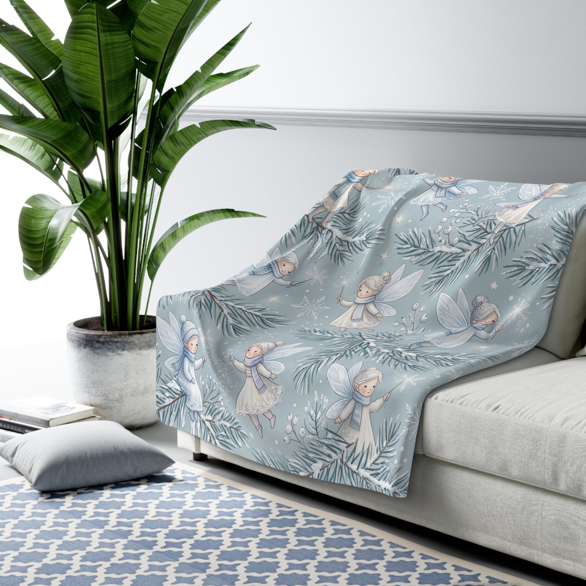 Winter Fairies & Snowflakes Sherpa Fleece Blanket Ethereal Holiday Throw