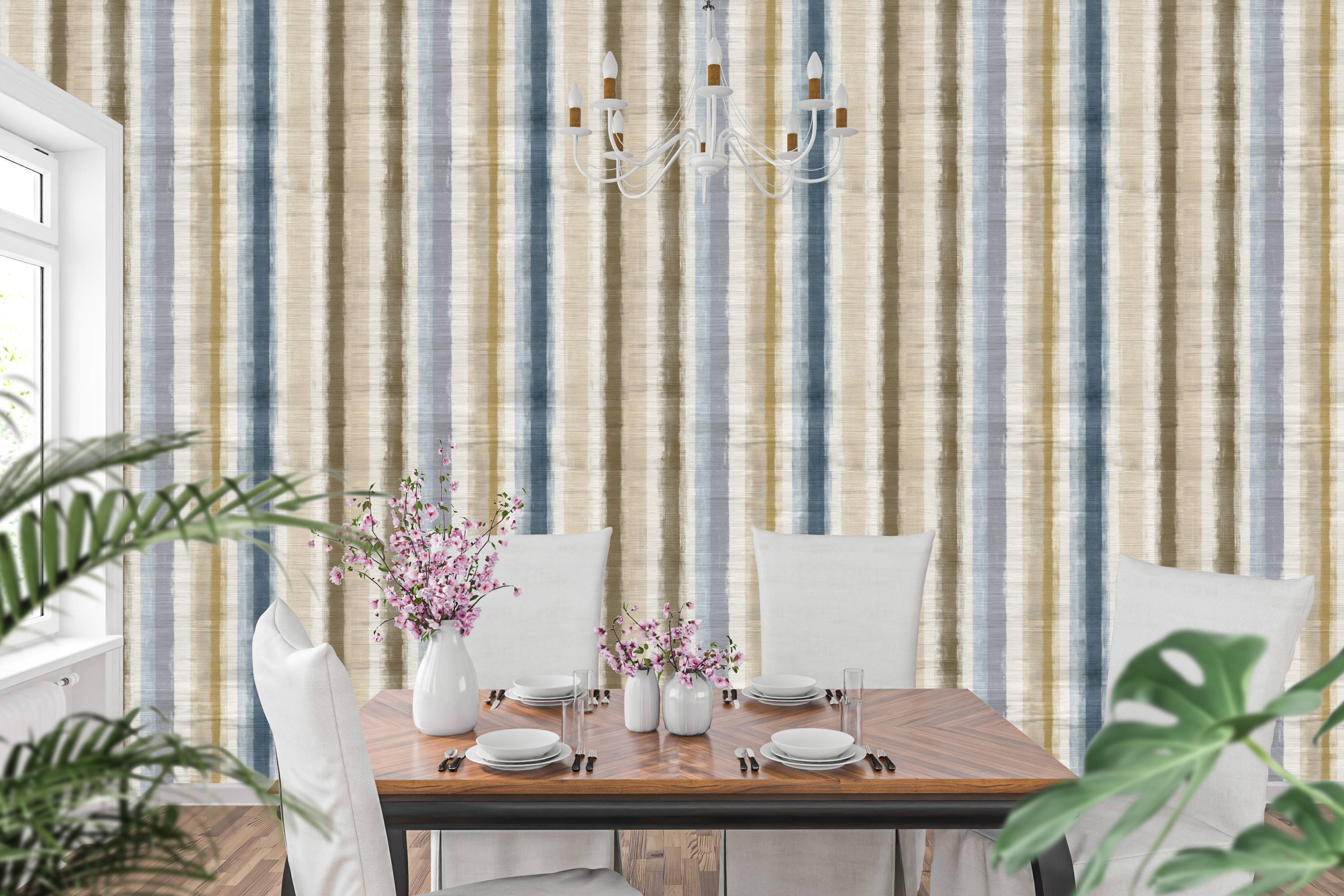 Modern farmhouse hand-painted stripe wallpaper in a coastal dining room setting