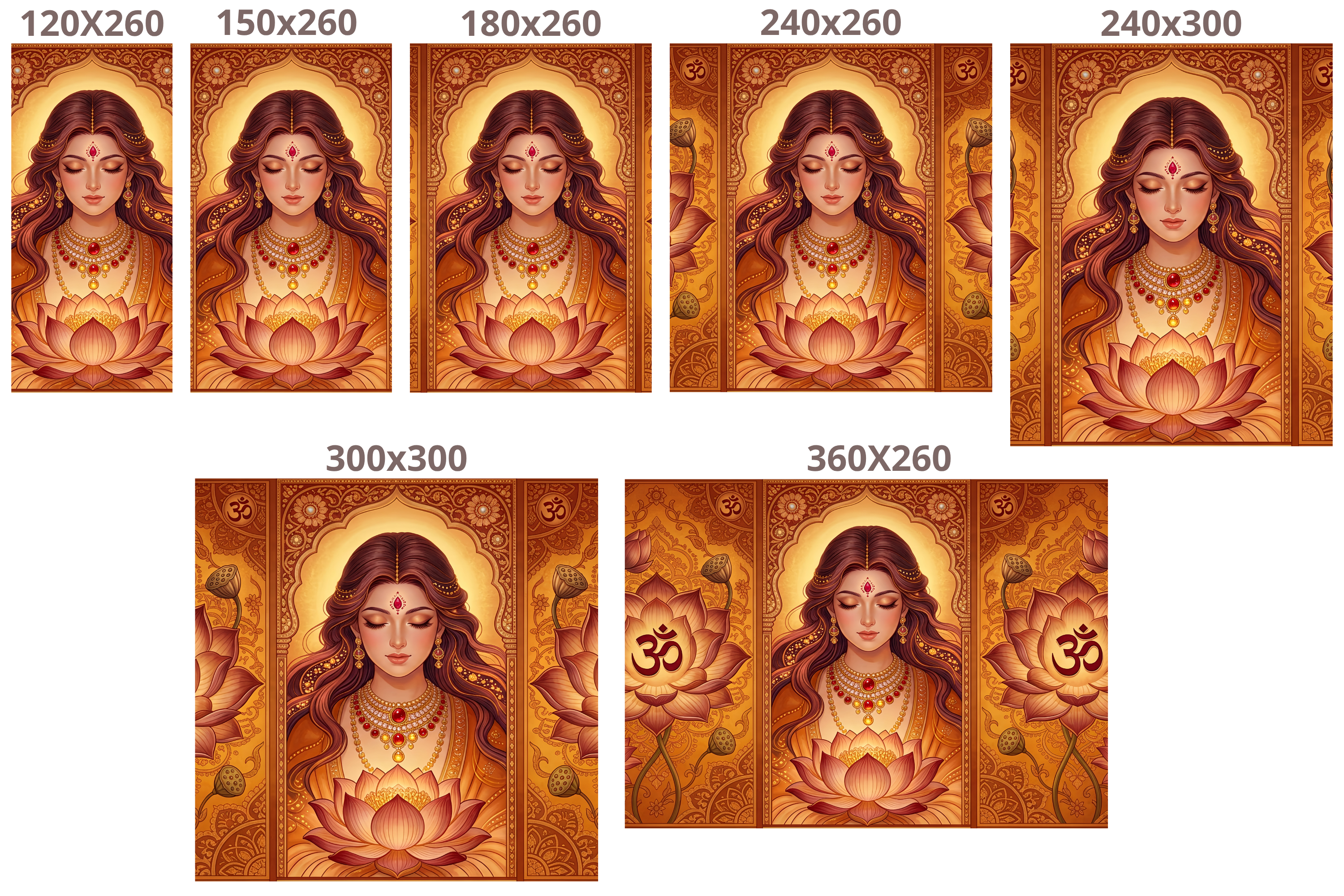 Golden Goddess Lotus Om Wall Mural | Indian Spiritual Triptych