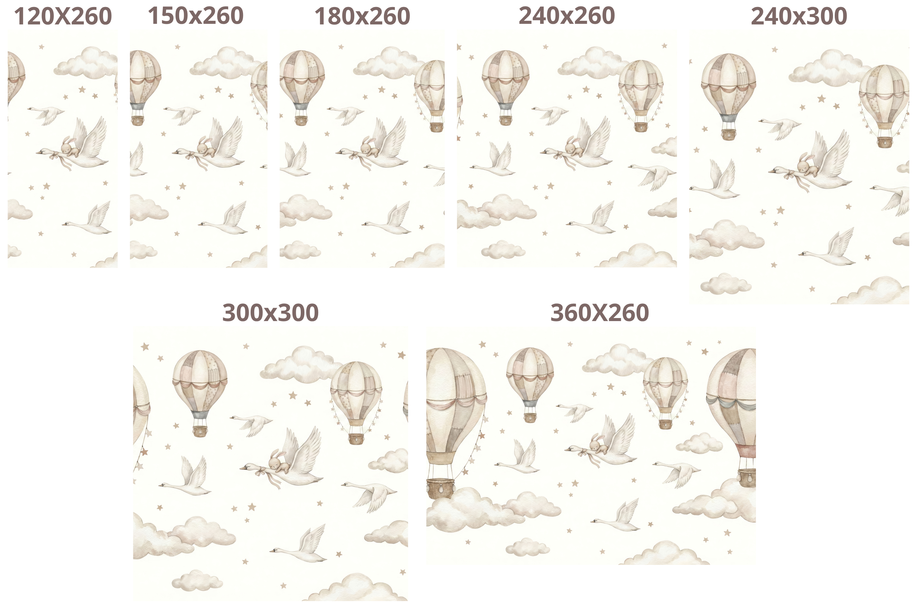 Neutral Nursery Wall Mural Swan Hot Air Balloon Bunny Watercolour Peel and Stick Wallpaper for Baby Room