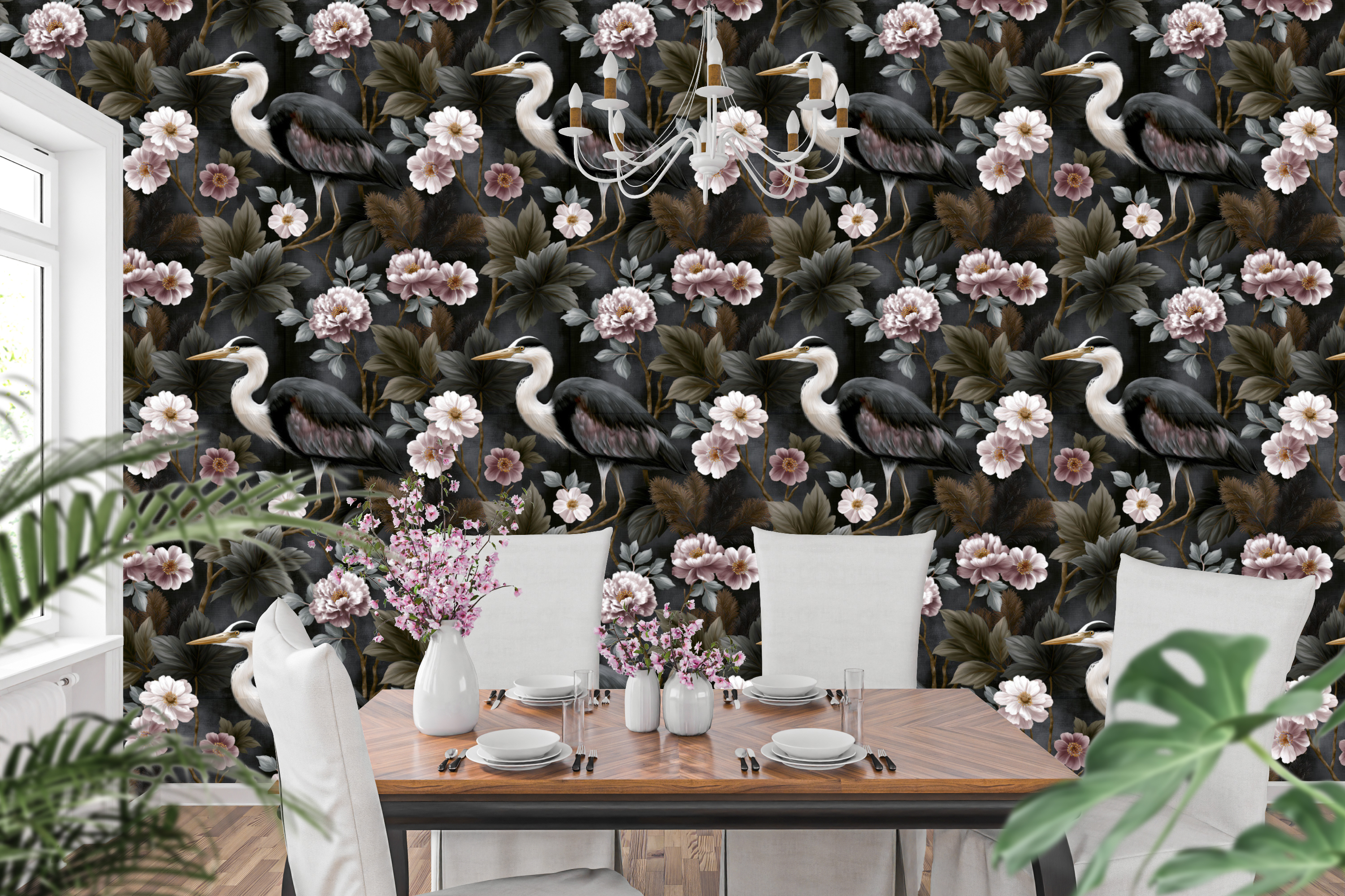 Dark chinoiserie wallpaper featuring elegant white herons with detailed plumage, blush pink and ivory peony blossoms with golden centres, gnarled dark branches, and olive bronze foliage on a richly textured charcoal ground — premium moody heritage bird wallpaper by WallpaperPixi