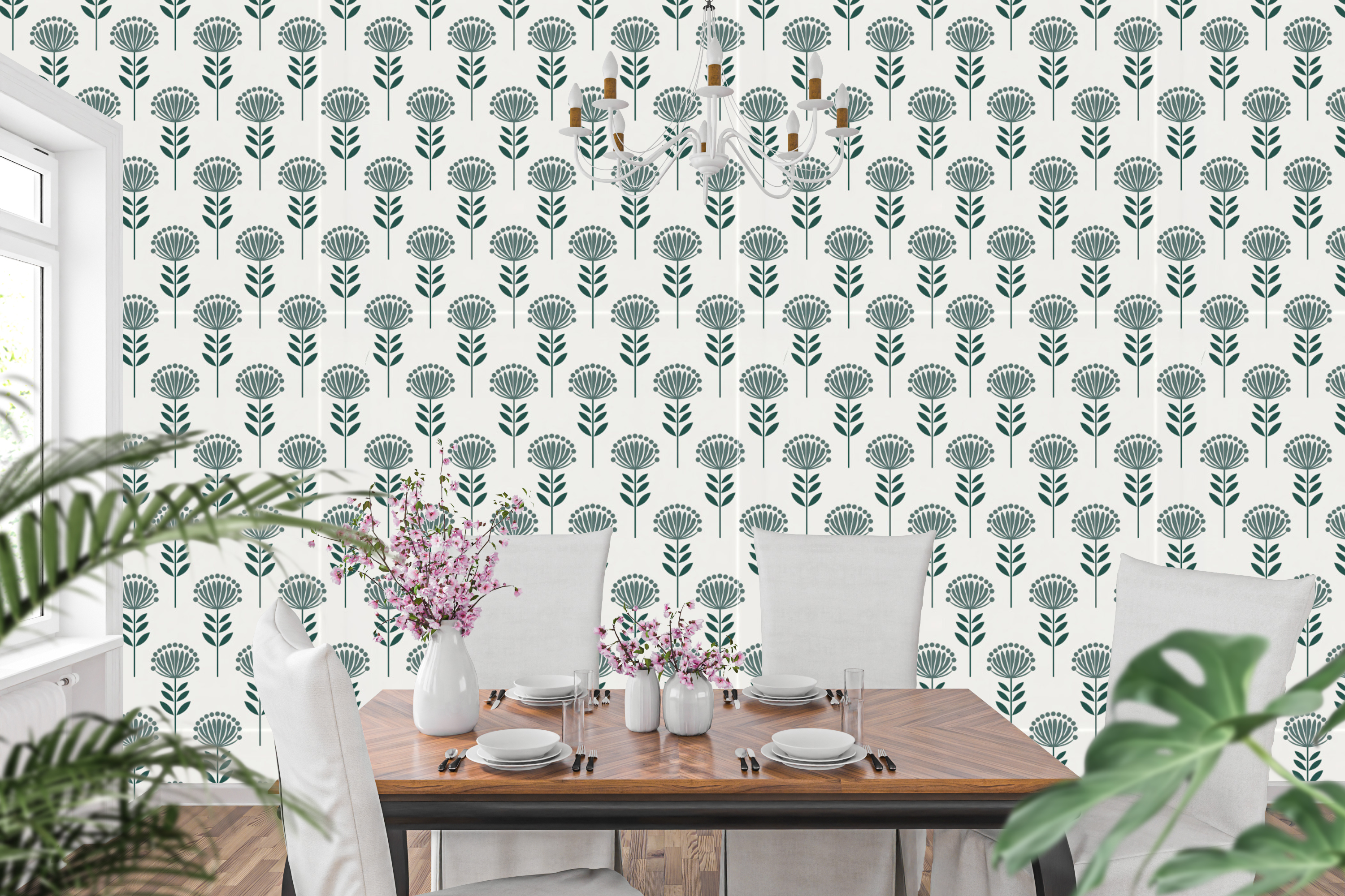 Minimalist dark teal and cream Scandinavian botanical wallpaper in a modern dining room