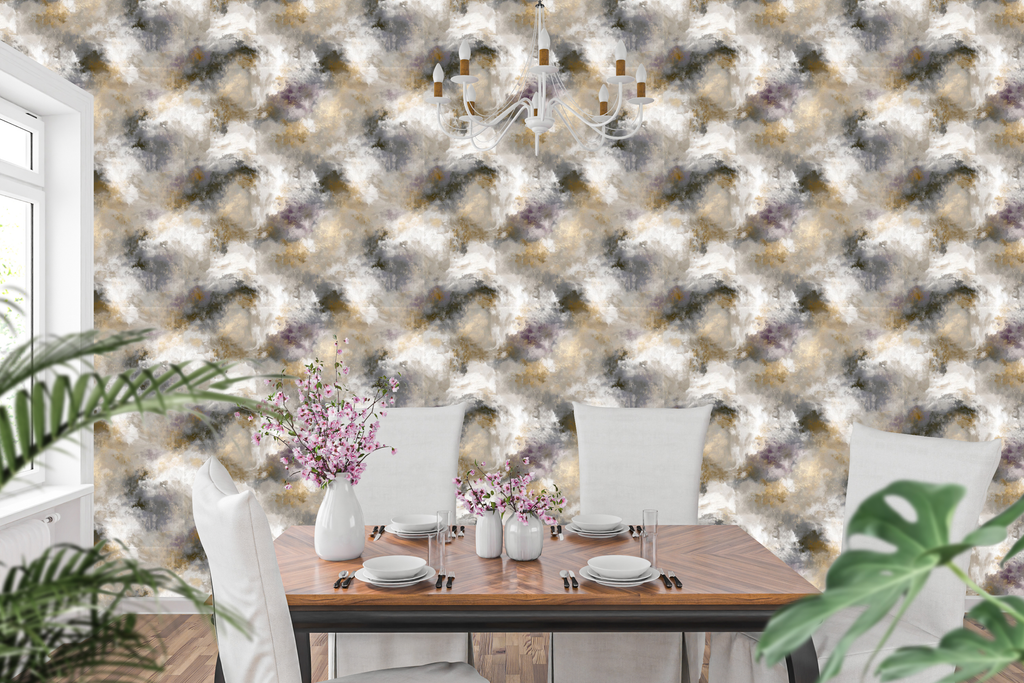Faux aged plaster and limewash texture wallpaper in an elegant atmospheric dining room