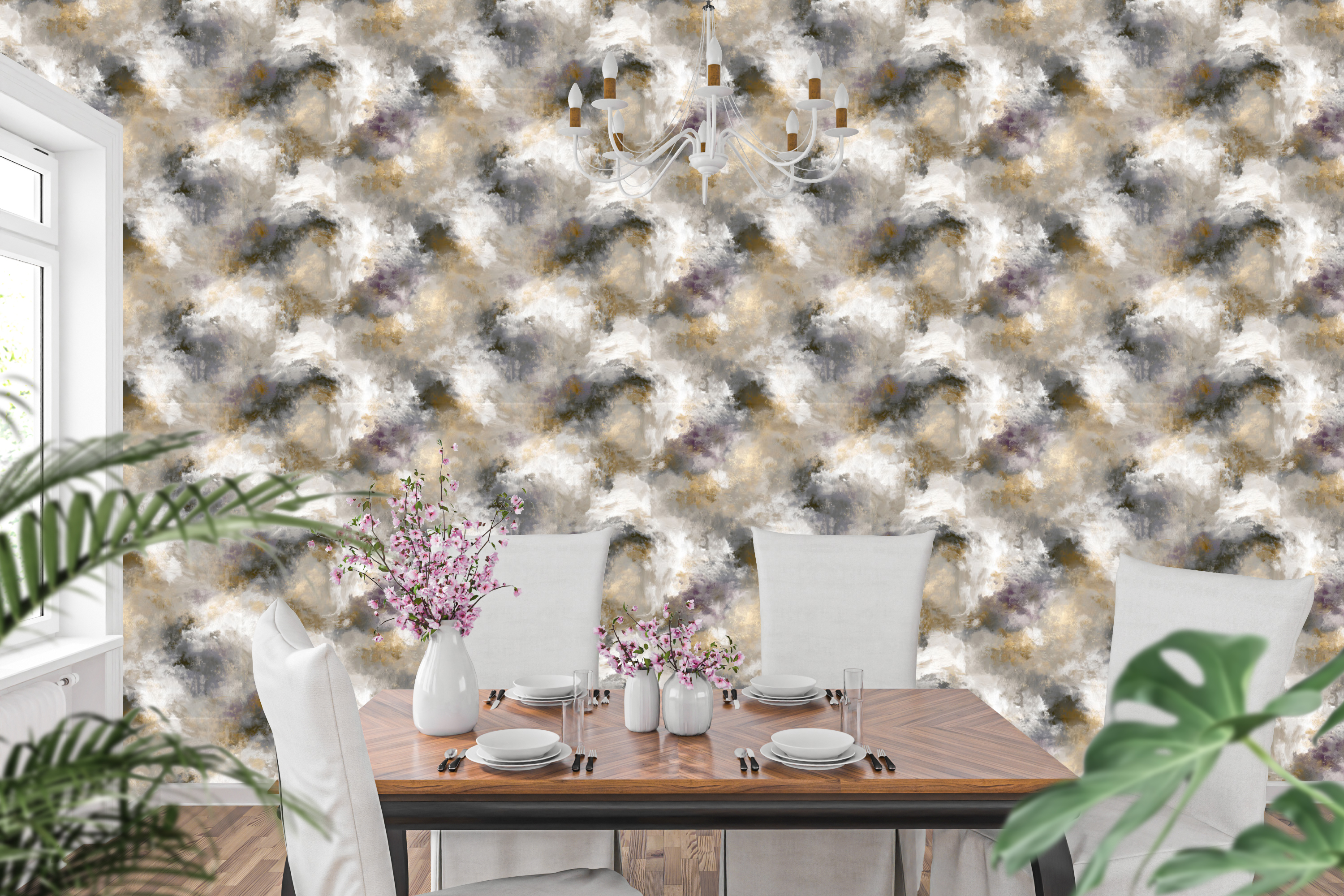 Faux aged plaster and limewash texture wallpaper in an elegant atmospheric dining room