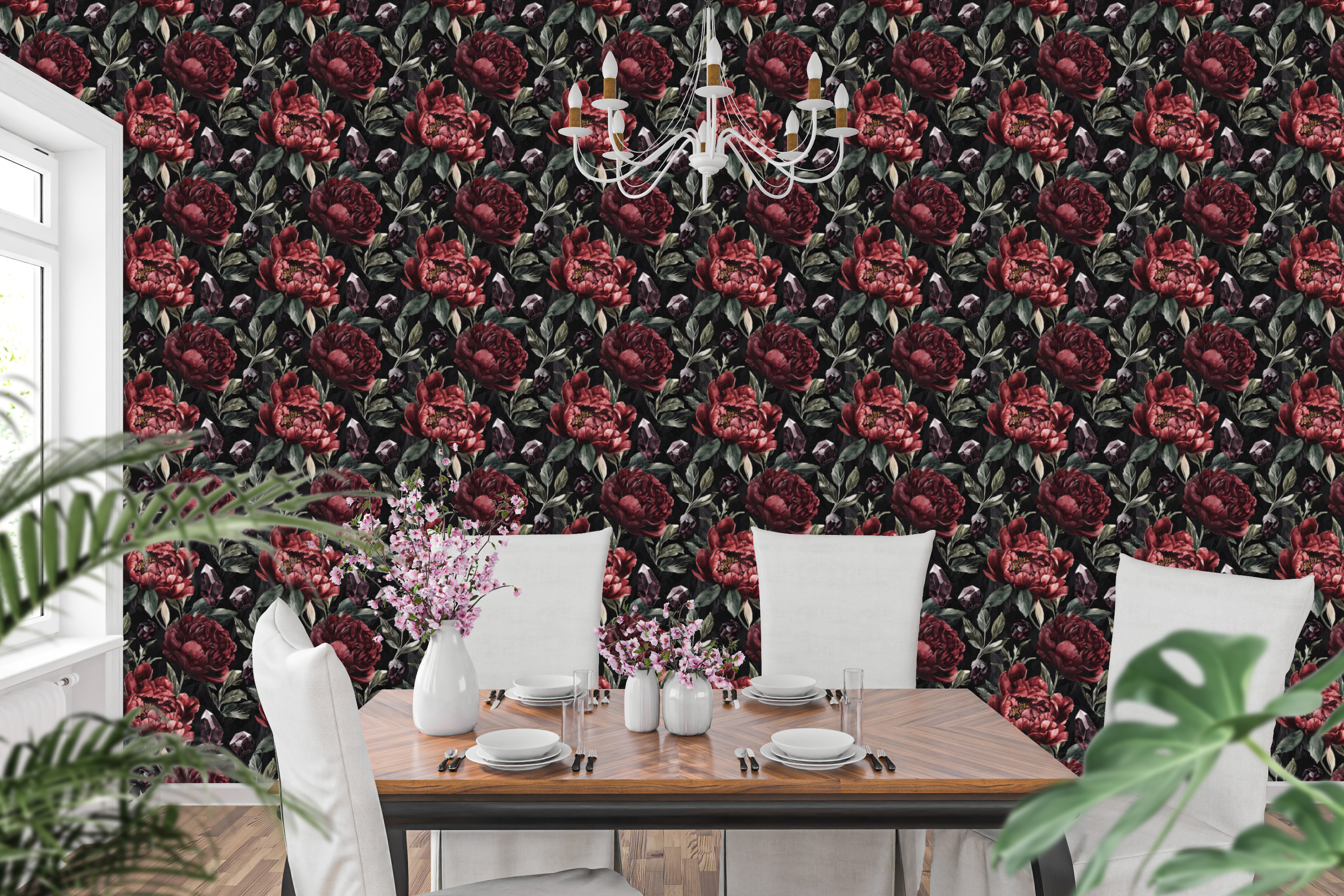 Dark Gothic Peony Peel and Stick Wallpaper Crystal Floral Bedroom
