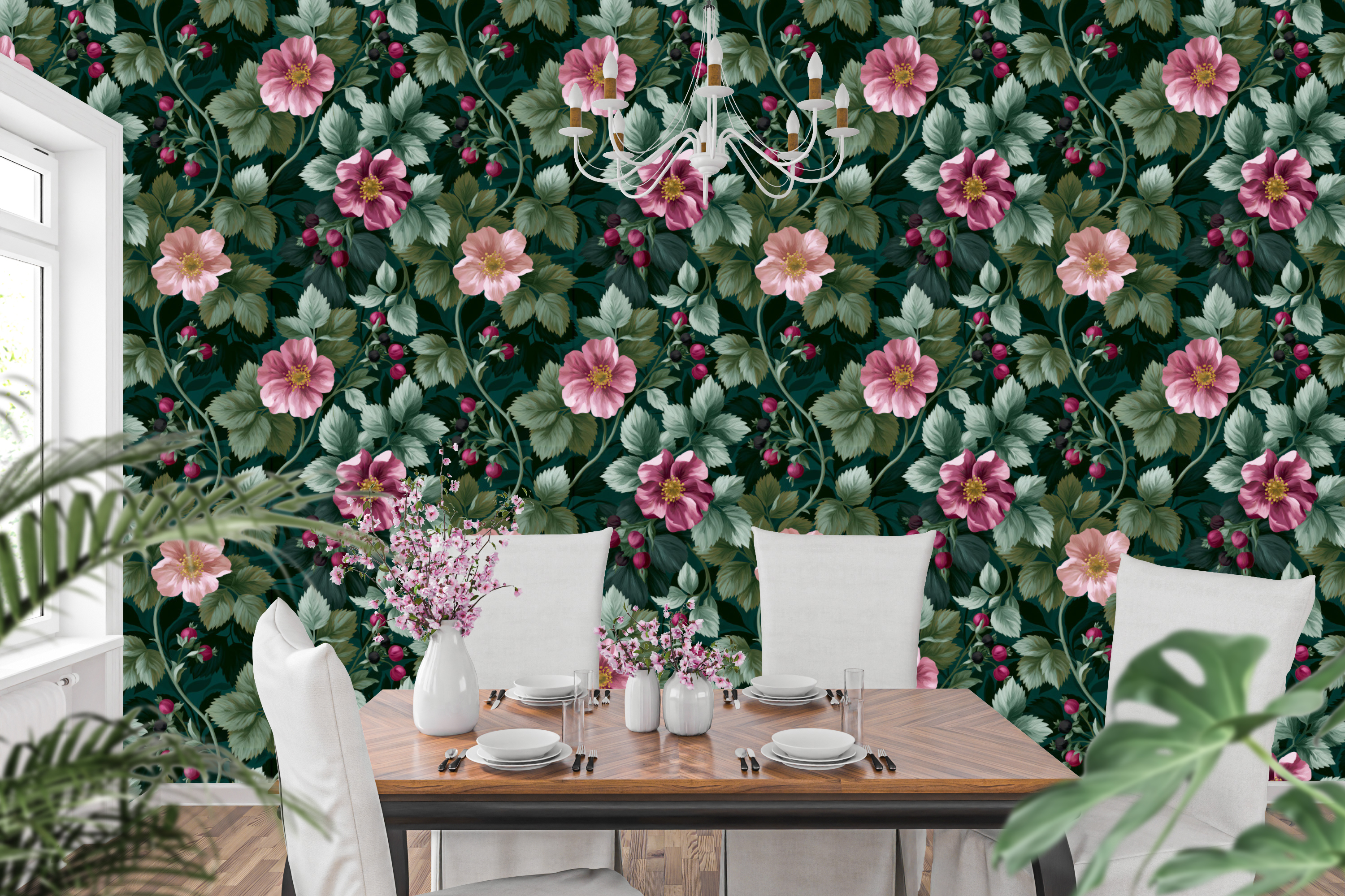 Dark Teal Wild Rose Wallpaper Vintage Cottagecore Botanical Bathroom Wall Decal