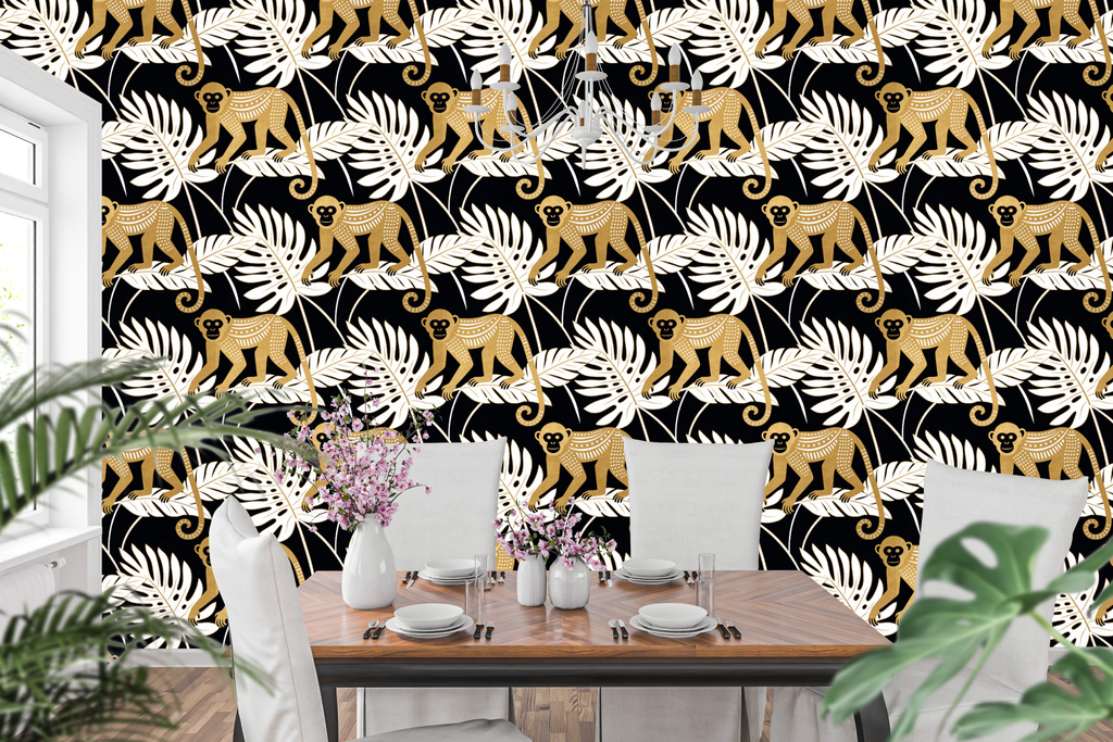 Art Deco Jungle Monkey Peel and Stick Wallpaper Tropical Bedroom Decal