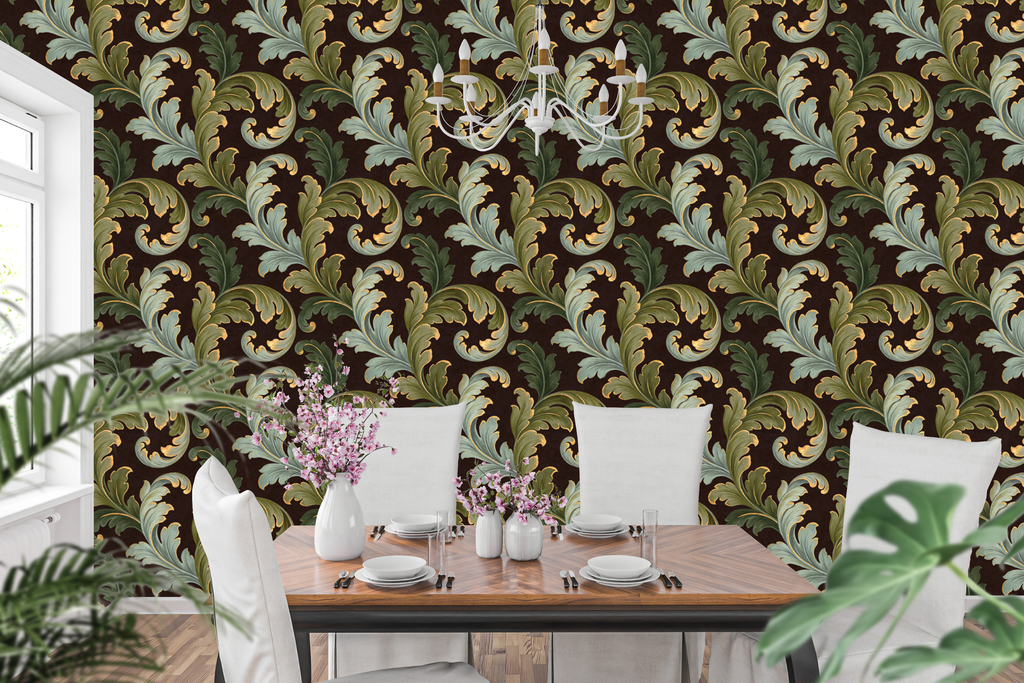 Baroque Green Acanthus Peel and Stick Wallpaper Dark Bedroom Wall Decal