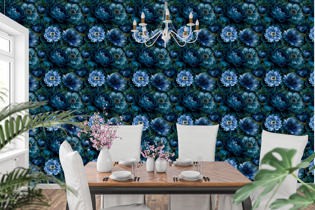 Moody elegant interior featuring dark blue floral wallpaper with dramatic oversized blooms on a statement wall
