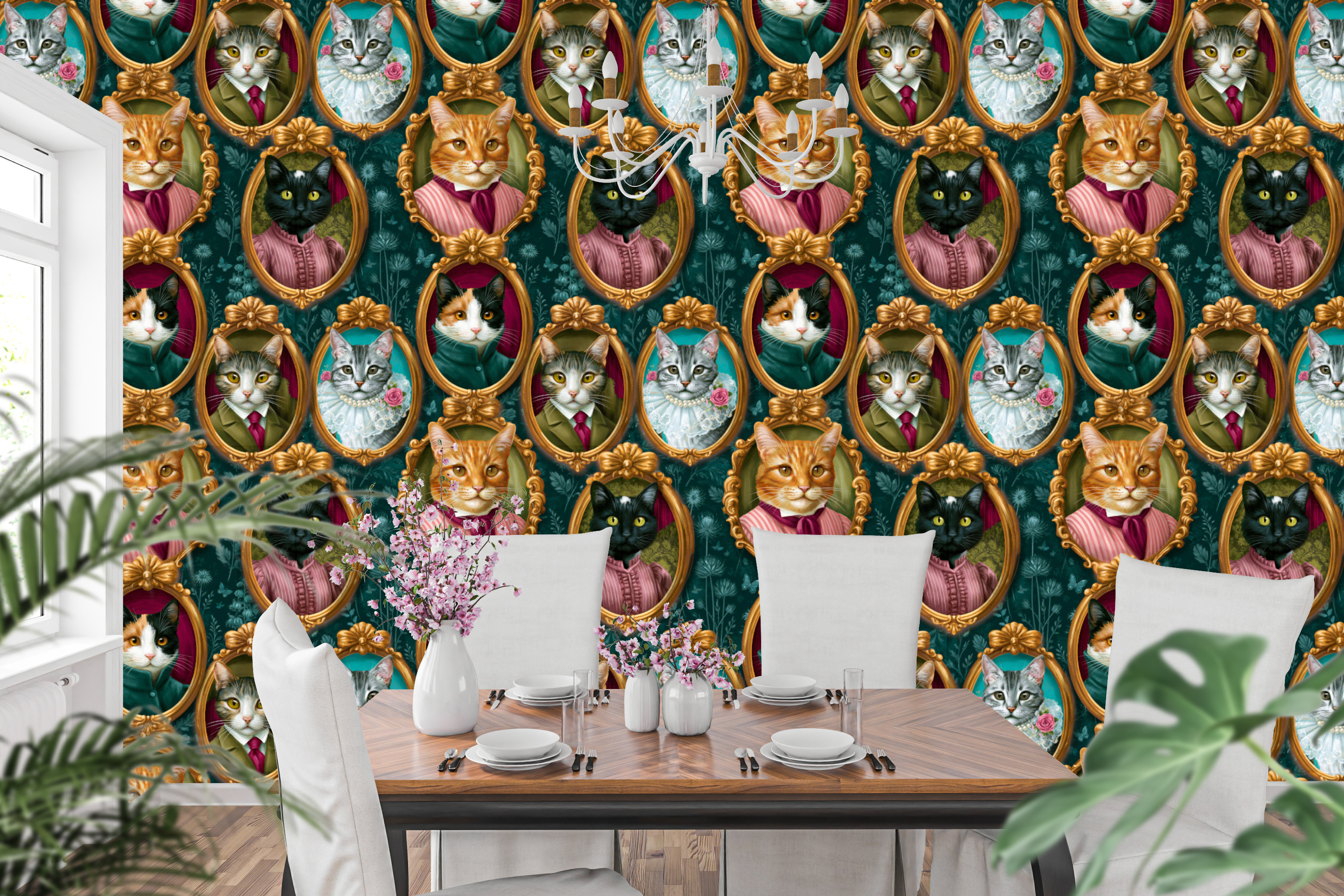 Victorian Whimsical Cat Portrait Peel and Stick Wallpaper