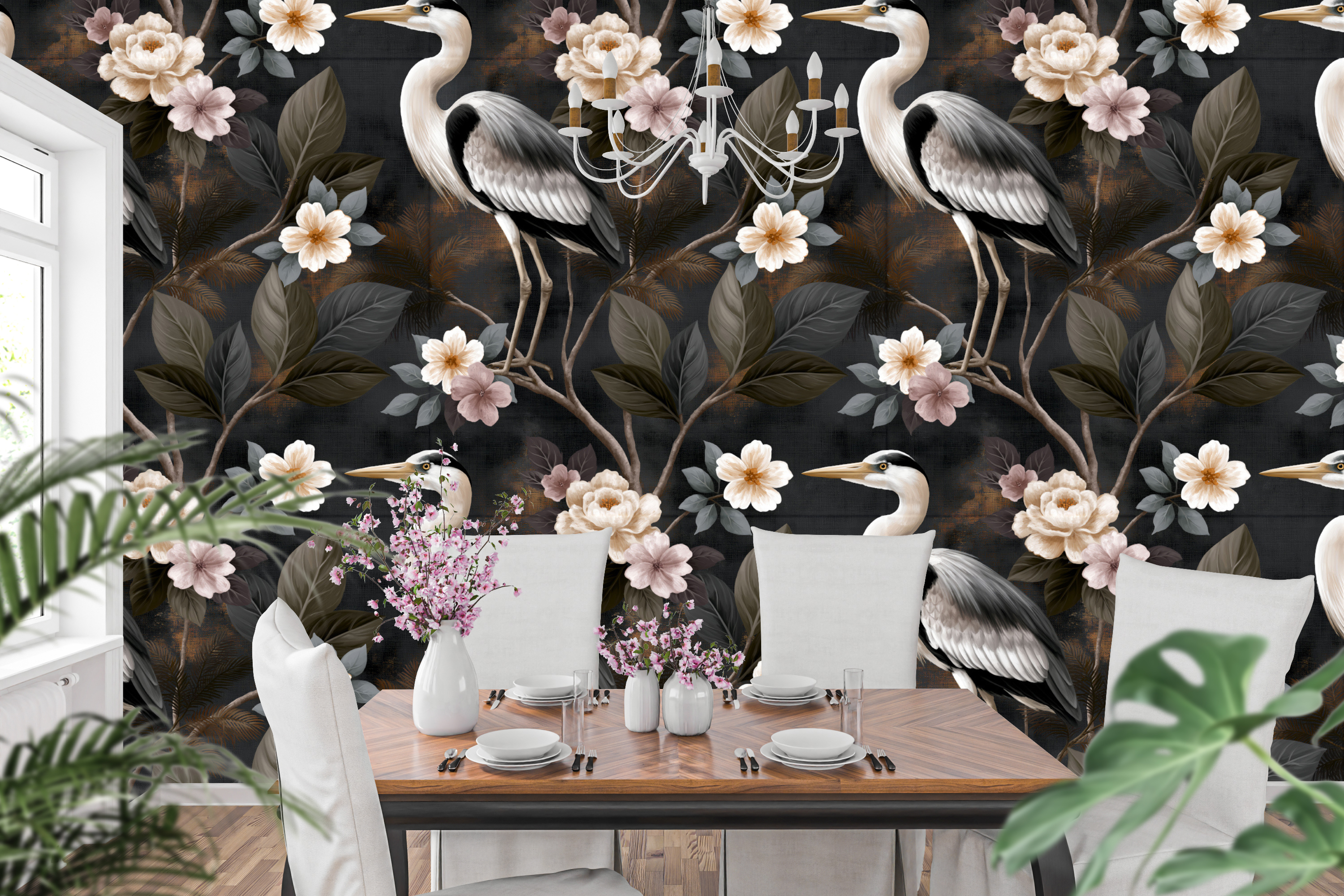 Dark chinoiserie wallpaper featuring white herons with detailed plumage, ivory and blush camellia blossoms, gnarled dark branches, and olive bronze foliage on a richly textured charcoal ground with copper-gold accents — premium moody heritage wallpaper by WallpaperPixi
