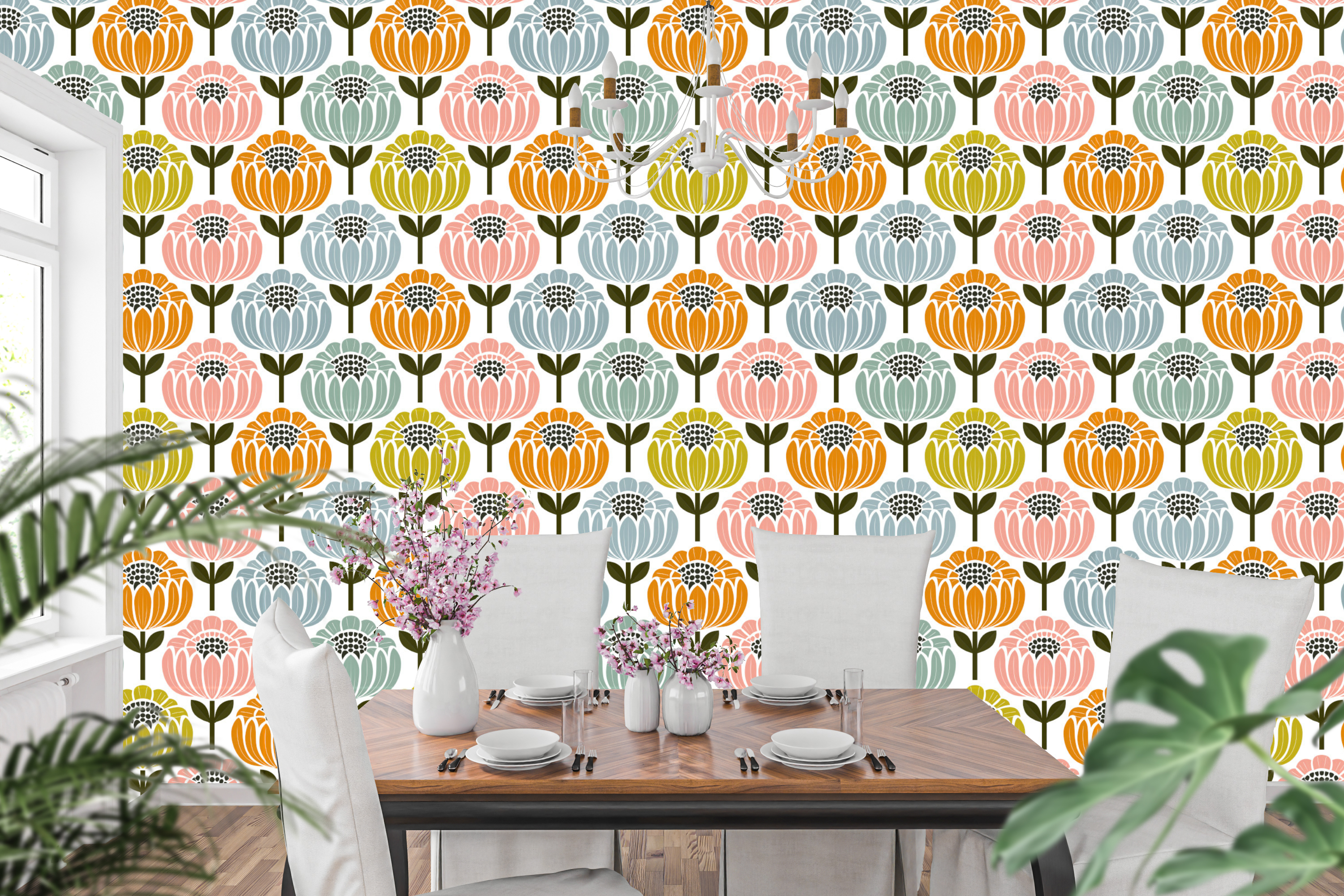 Colorful mid-century modern Scandinavian floral wallpaper in a stylish dining room