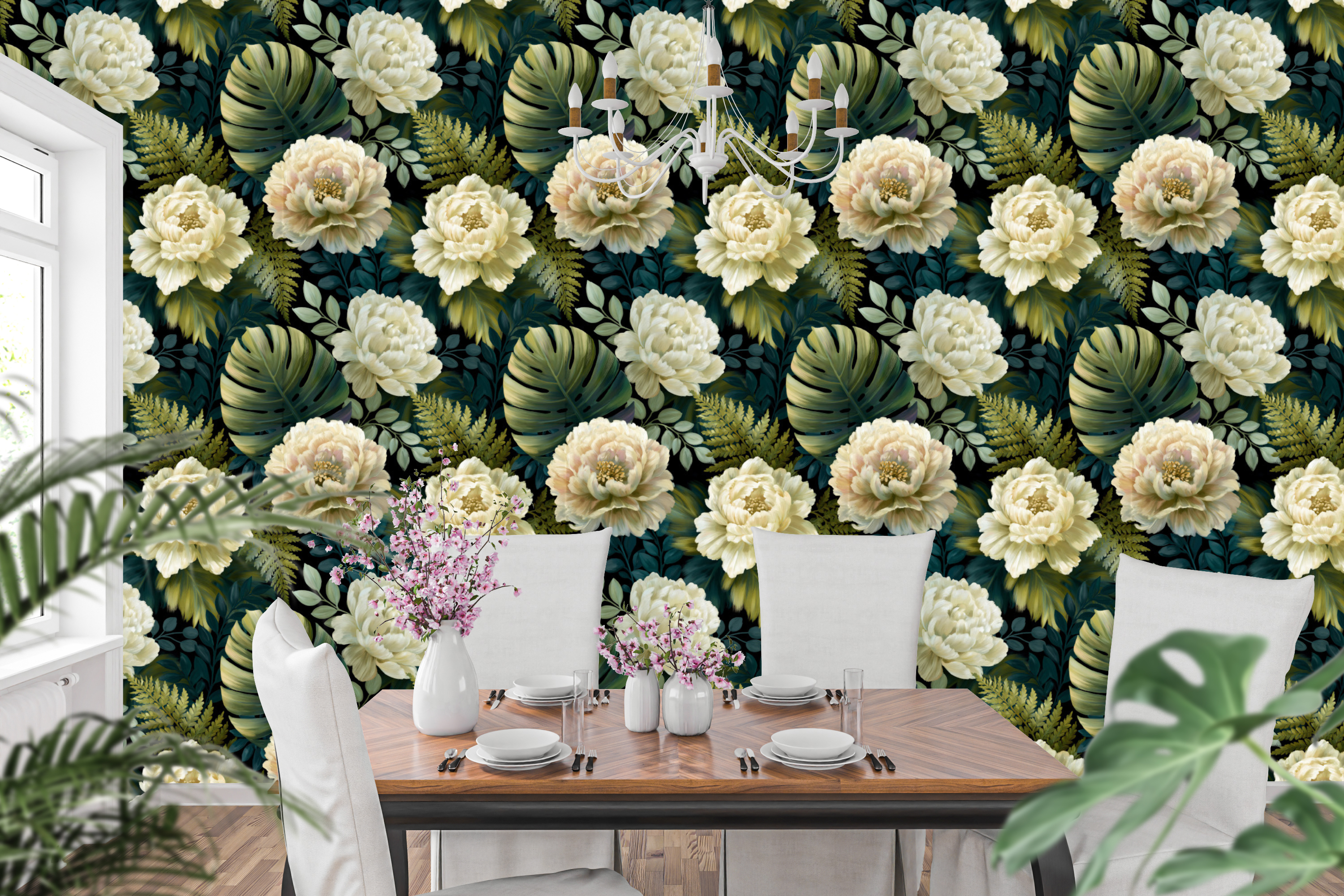 Moody Dark Tropical Peony Peel and Stick Wallpaper Botanical Bedroom