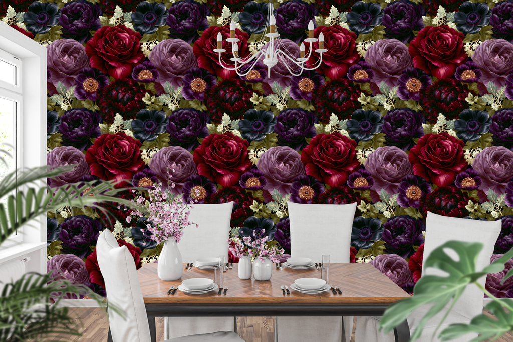 Dark Gothic Floral Peel and Stick Wallpaper Rose Purple Anemone