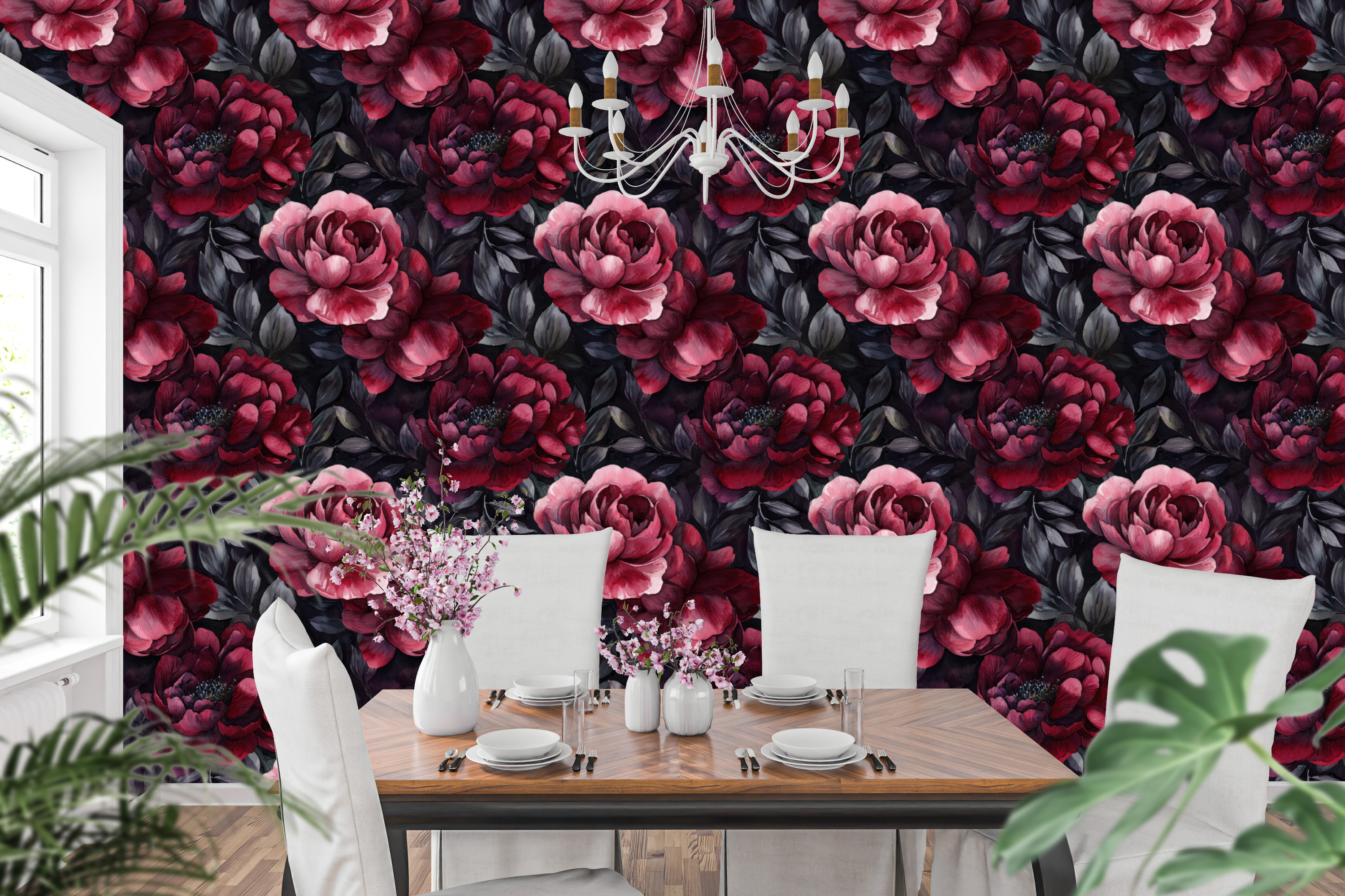 Dark red watercolour peony wallpaper styled as a dramatic bedroom feature wall with dark velvet headboard, ivory linen bedding, and warm brass candlelight — peel and stick or traditional paste moody floral wallpaper by WallpaperPixi