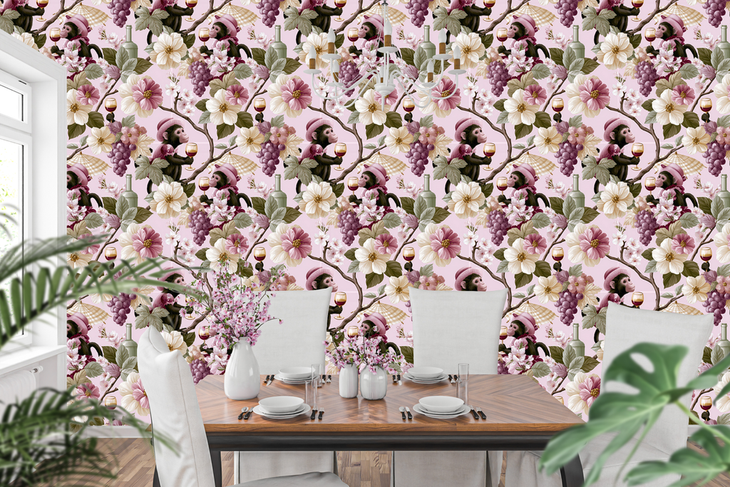 Pink singerie chinoiserie monkey wallpaper styled as a whimsical dining room or home bar feature wall with gold accents, crystal glassware, and warm candlelight — peel and stick or traditional paste wallpaper by WallpaperPixi