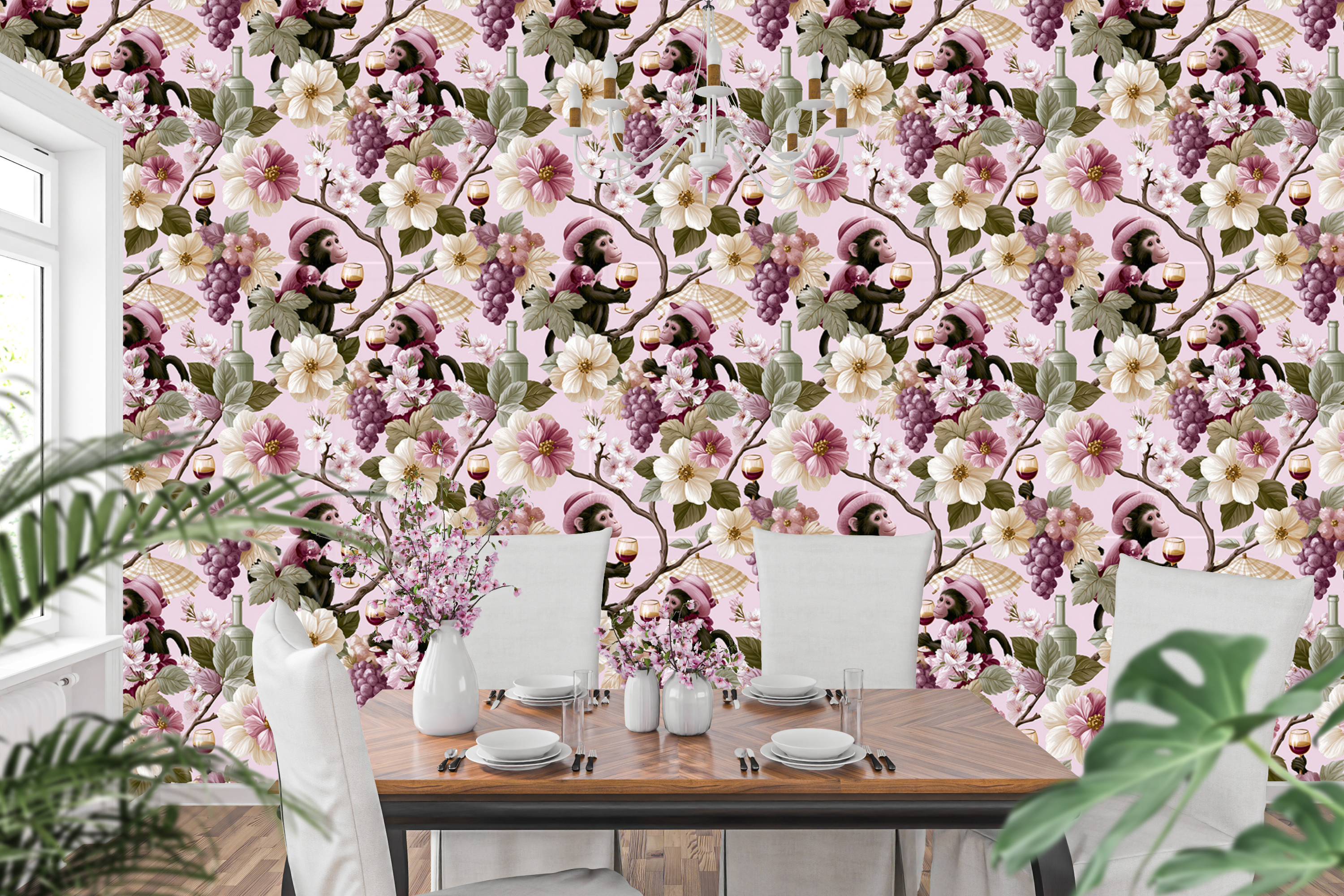 Pink singerie chinoiserie monkey wallpaper styled as a whimsical dining room or home bar feature wall with gold accents, crystal glassware, and warm candlelight — peel and stick or traditional paste wallpaper by WallpaperPixi