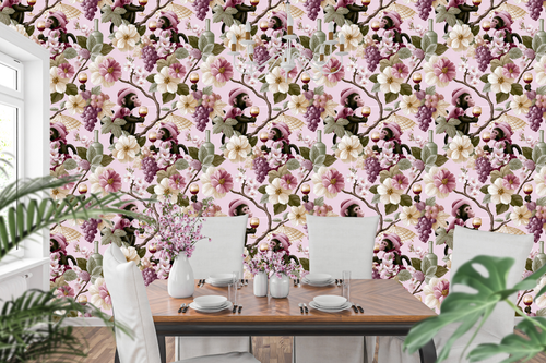Pink singerie chinoiserie monkey wallpaper styled as a whimsical dining room or home bar feature wall with gold accents, crystal glassware, and warm candlelight — peel and stick or traditional paste wallpaper by WallpaperPixi