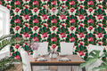 Art Nouveau wallpaper with pink floral blooms, emerald fan motifs, and gold outlines on a soft ivory background