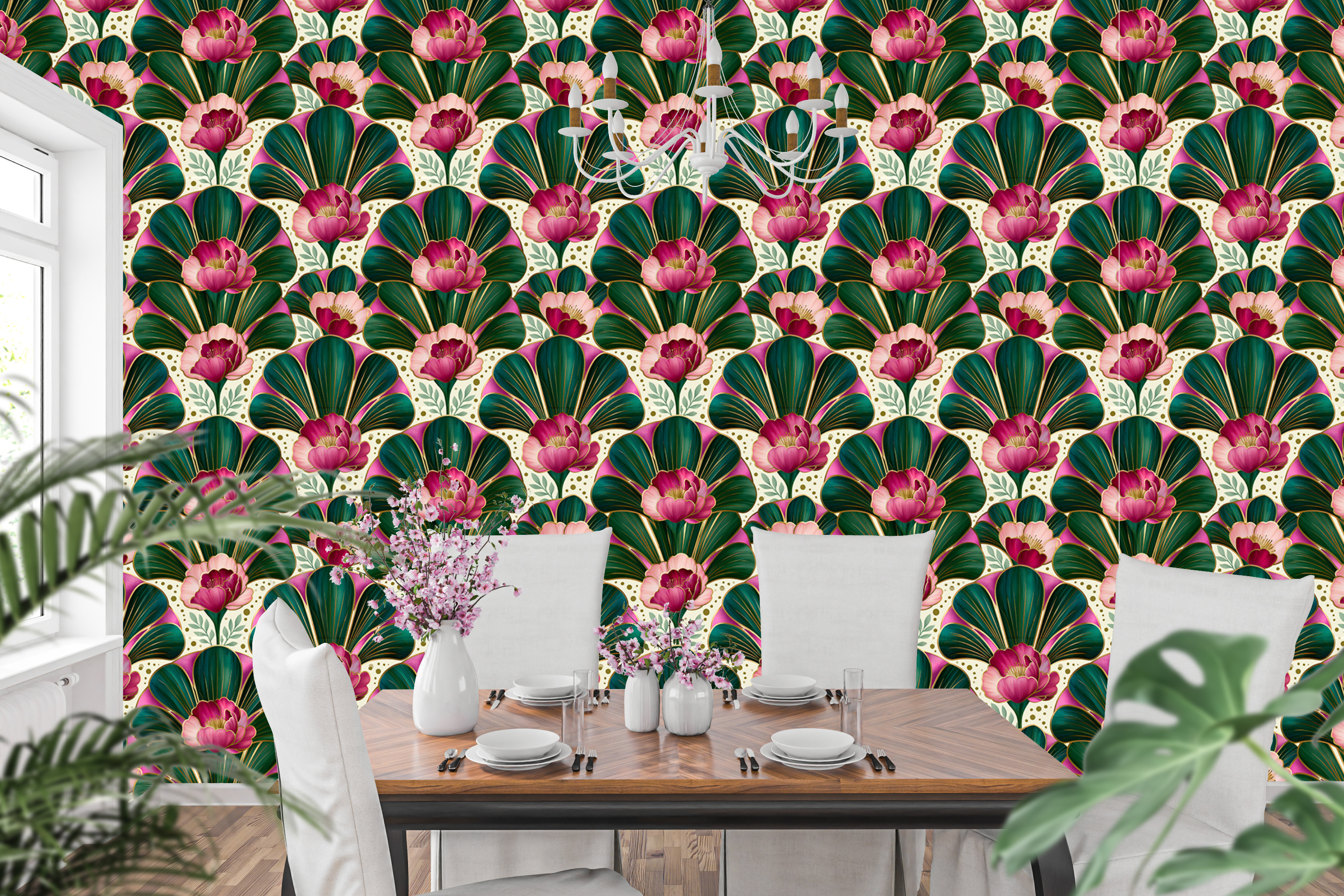 Art Nouveau wallpaper with pink floral blooms, emerald fan motifs, and gold outlines on a soft ivory background