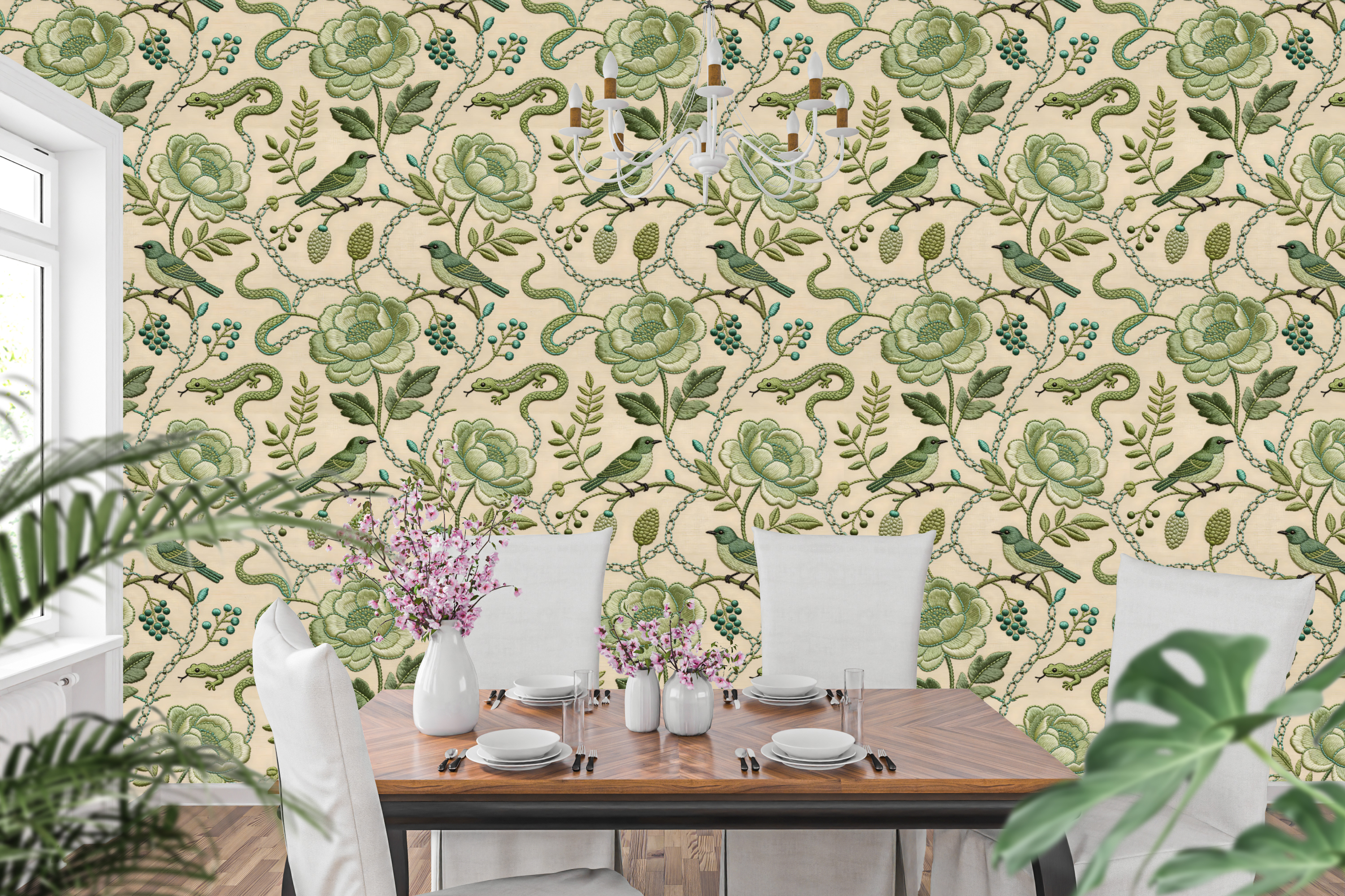 Faux embroidered green chinoiserie bird wallpaper styled as an elegant living room or bedroom feature wall with linen furniture, warm timber, and brass accents — peel and stick or traditional paste wallpaper by WallpaperPixi