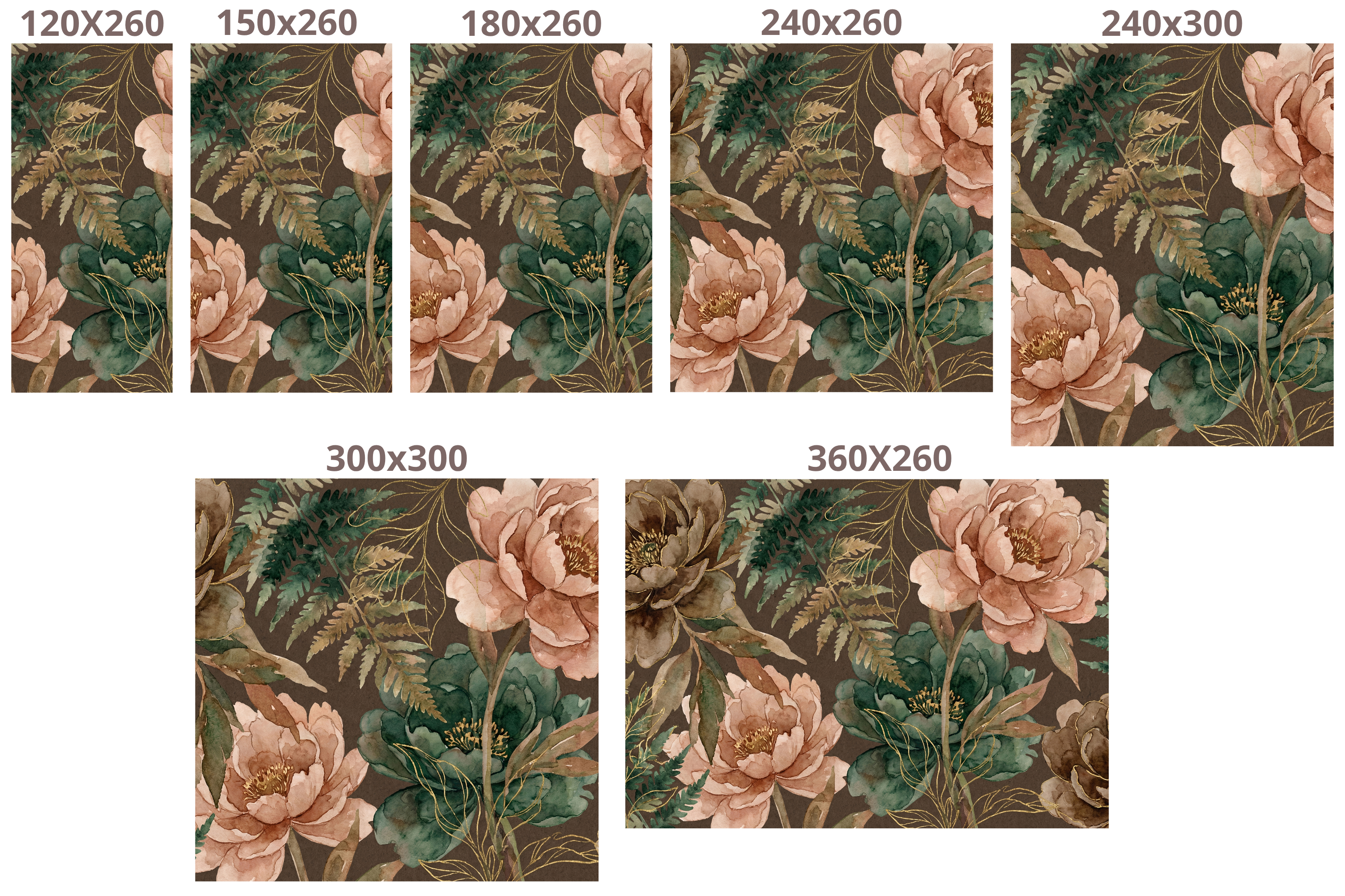 Dark Peony & Fern Wall Mural with Gold Accents - Moody Luxury Watercolor Wallpaper
