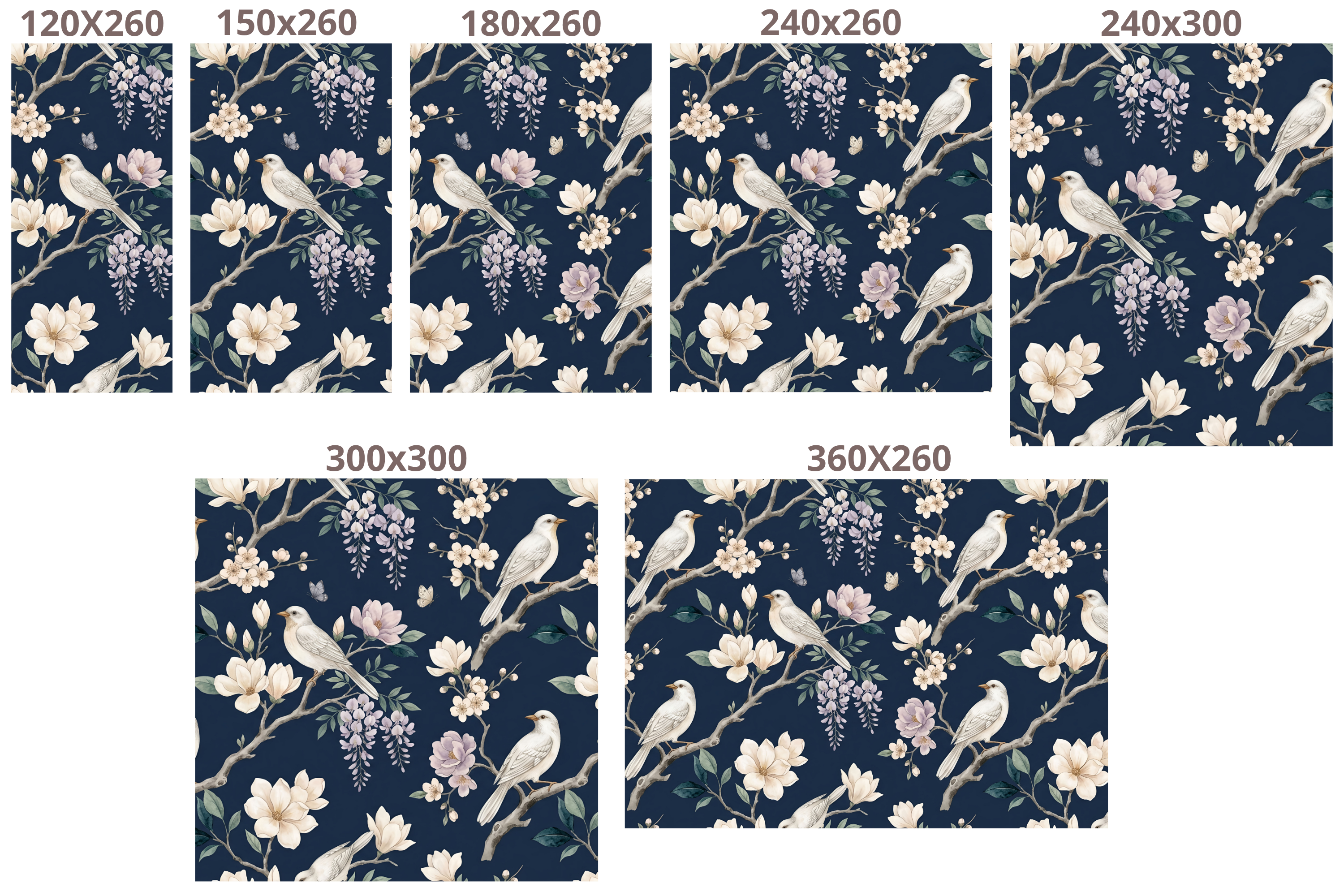Navy Chinoiserie Wallpaper White Birds Magnolia Floral Peel and Stick