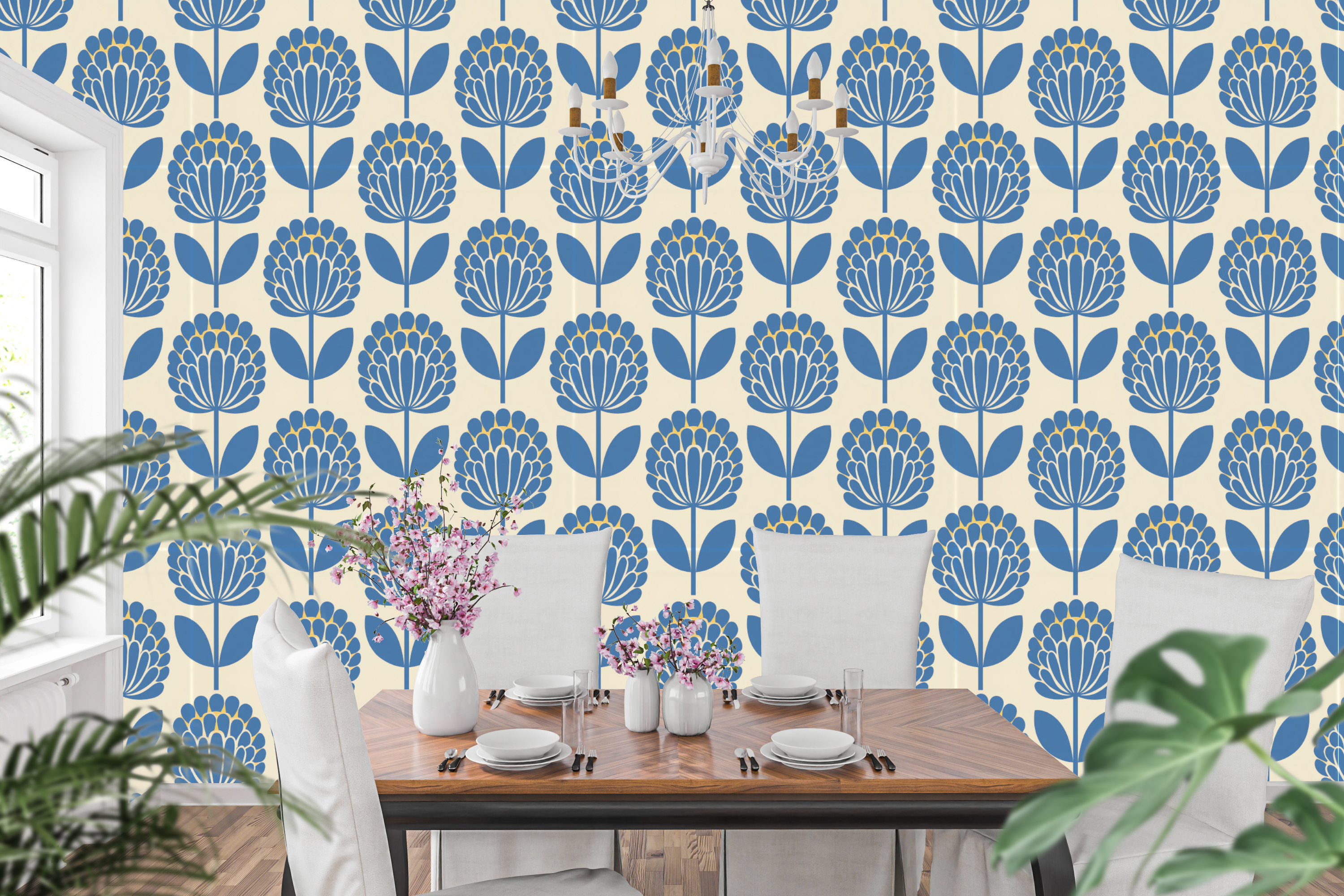 Mid-century modern slate blue and cream geometric floral wallpaper in a stylish dining room setting