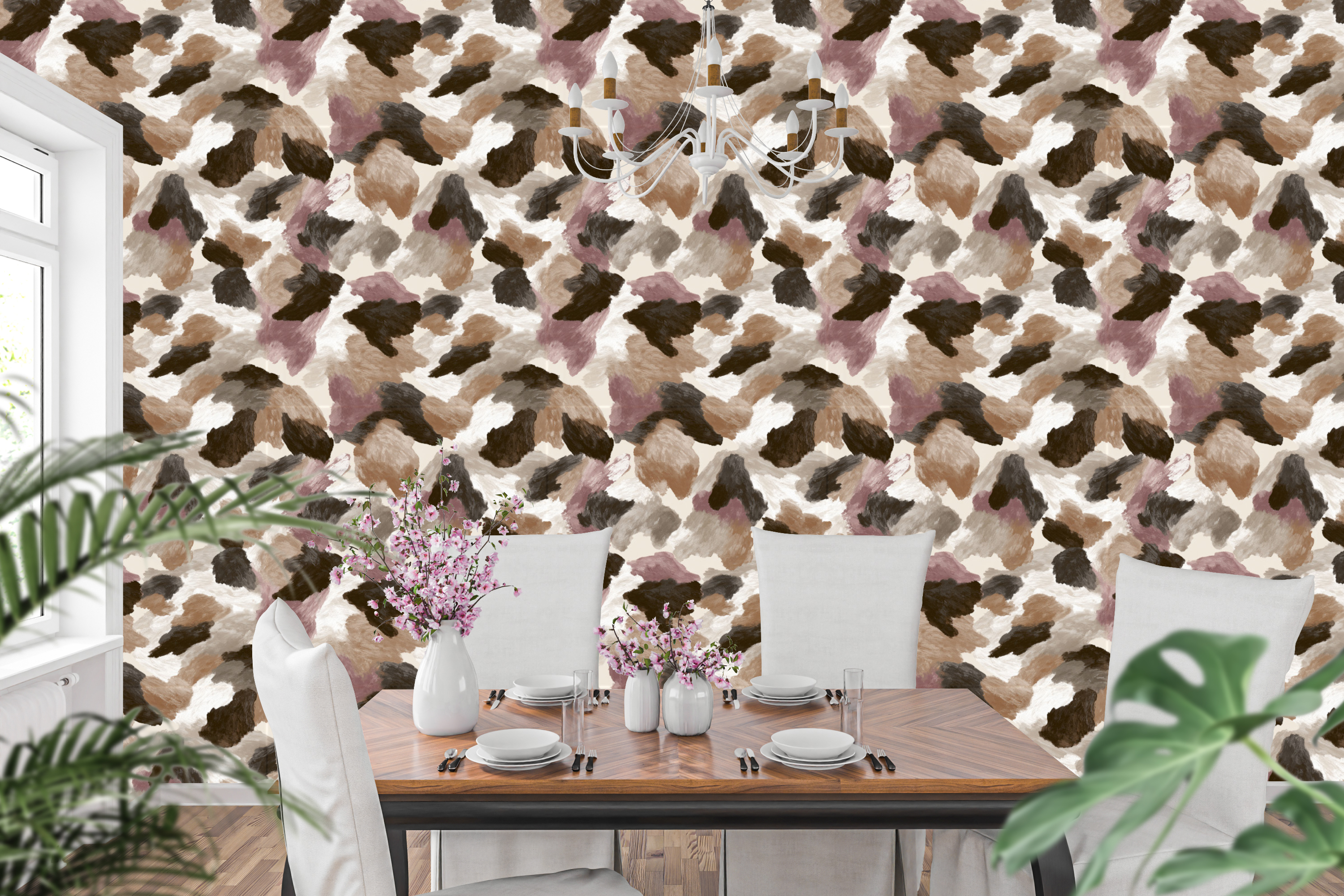 Contemporary abstract painterly cow print wallpaper in an earthy modern dining room